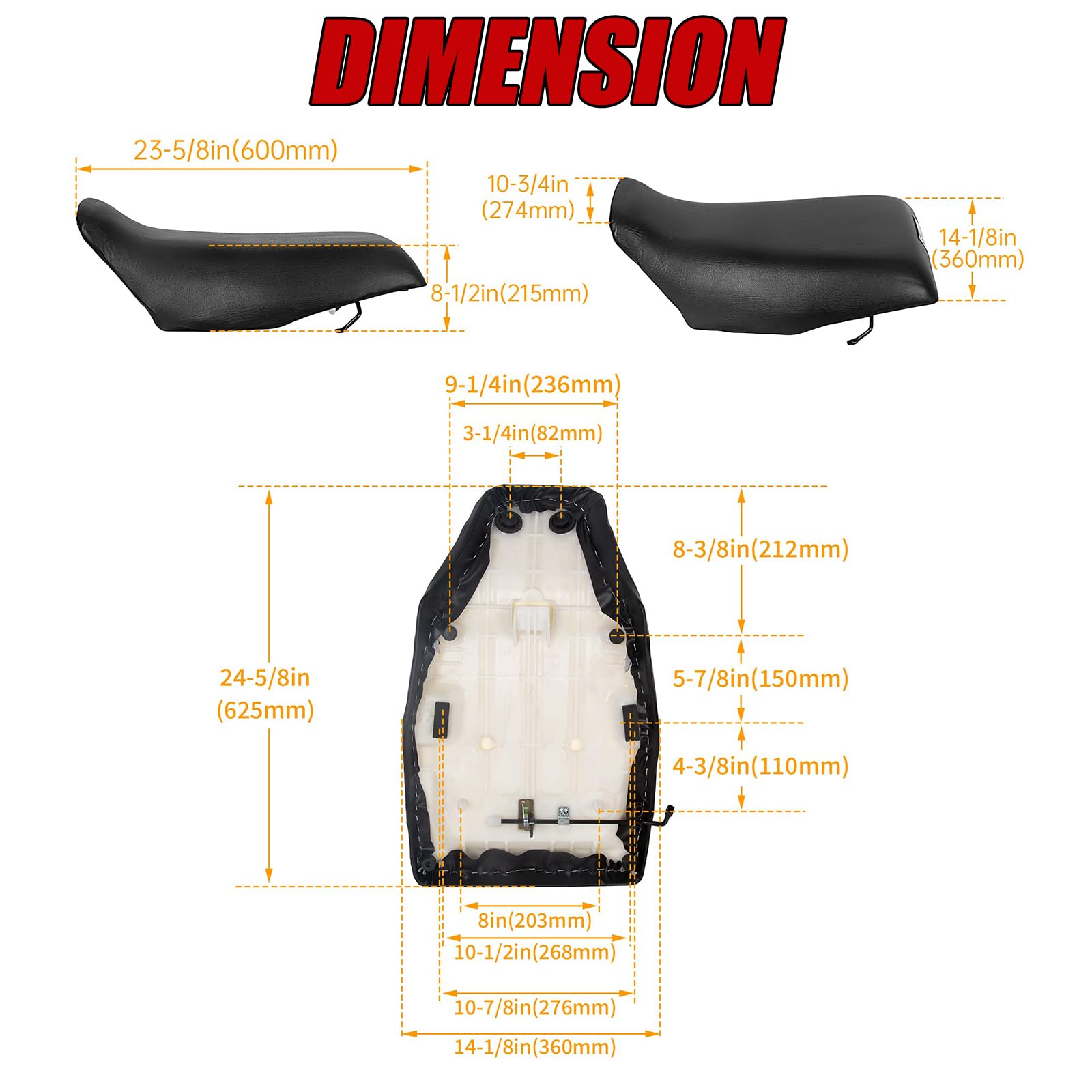 HECASA ATV Complete Seat Set for 1988-2000 Honda TRX300, Large, Black Faux Leather, Model CB-411, Comfy & Sturdy