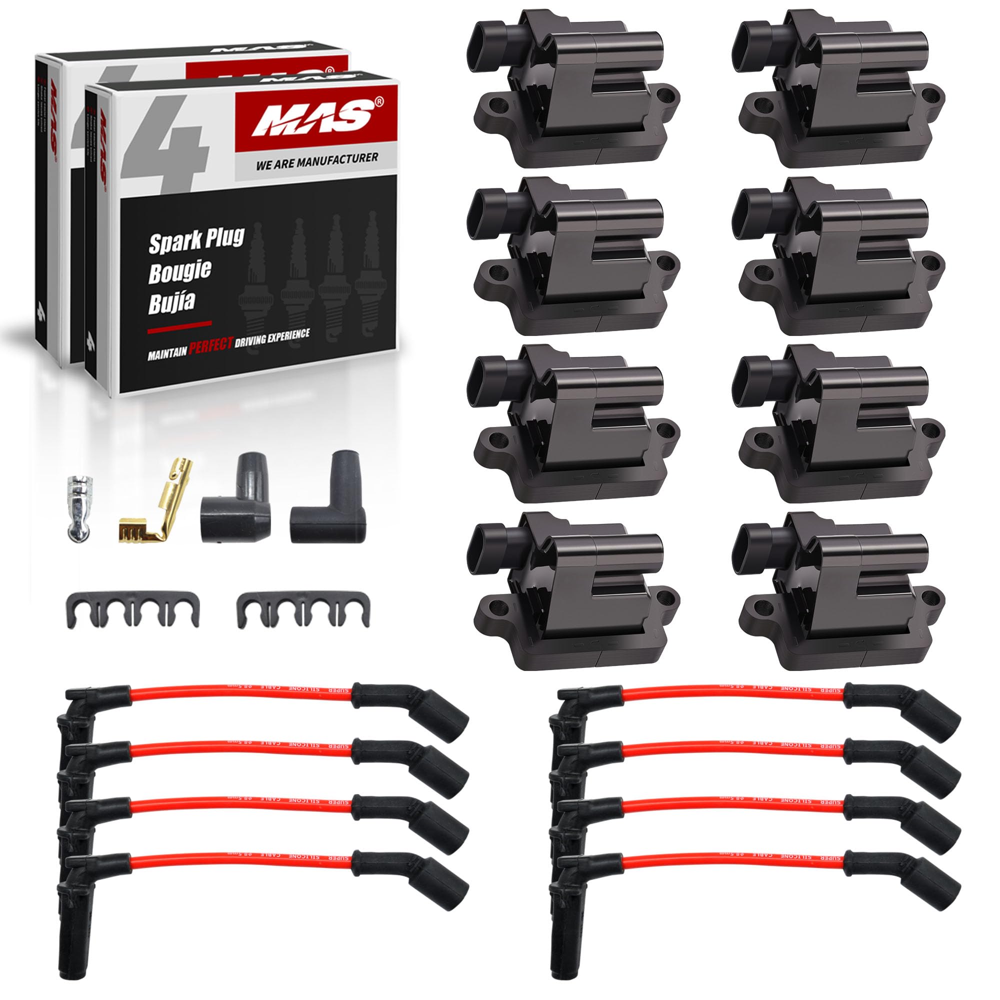MAS Set of 8 Square Ignition Coil & 8 Iridium Spark Plug & Red Wires Set Compatible with Silverado Suburban GMC Hummer Avalanche