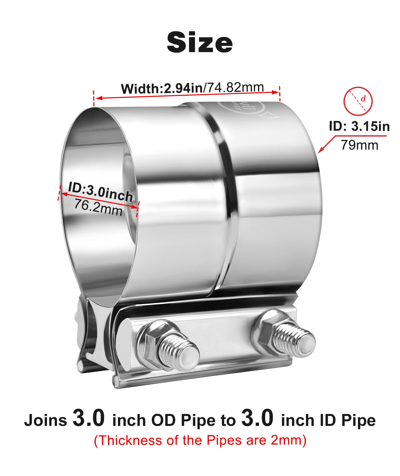 Evil Energy 3 ' ' Exhaust Clamp,Lap Joint Band Clamp Stainless Steel For Pipes,Mufflers,Catalytic Converters (1, 3.0 Inch)