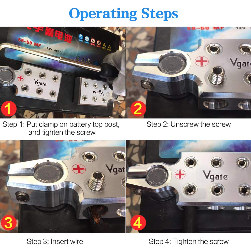 Vgate 6X00 (2/0) Awg Gauge Lead-Acid Battery Terminals Clamp - Positive And Negative (+/-)(Pair) For Tapered Top Post