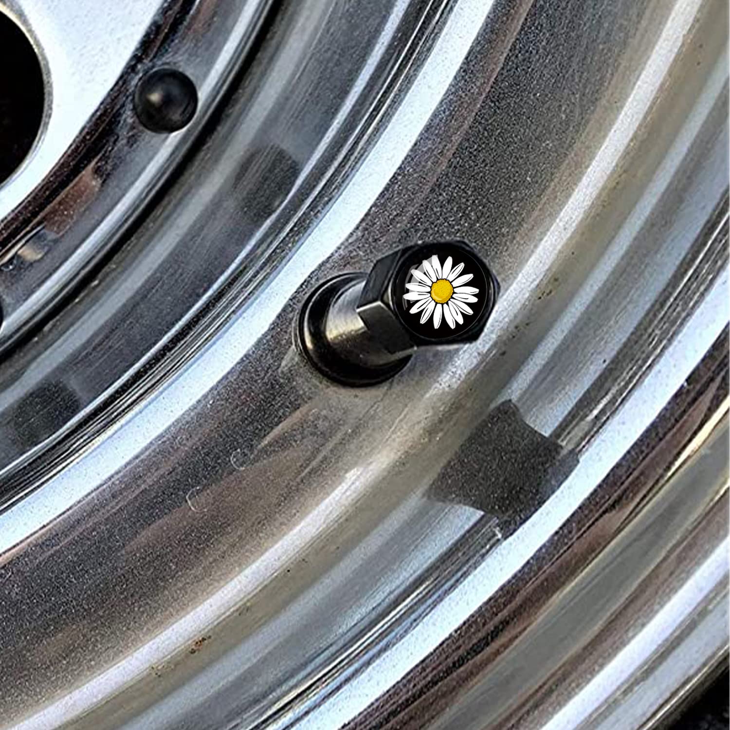 Metal Car Wheel Tire Valve Stem Caps 4 Pack Daisy Aluminum Car Tire Air Valve Caps For Cars, Trucks, Bikes, Motorcycles, Bicycle