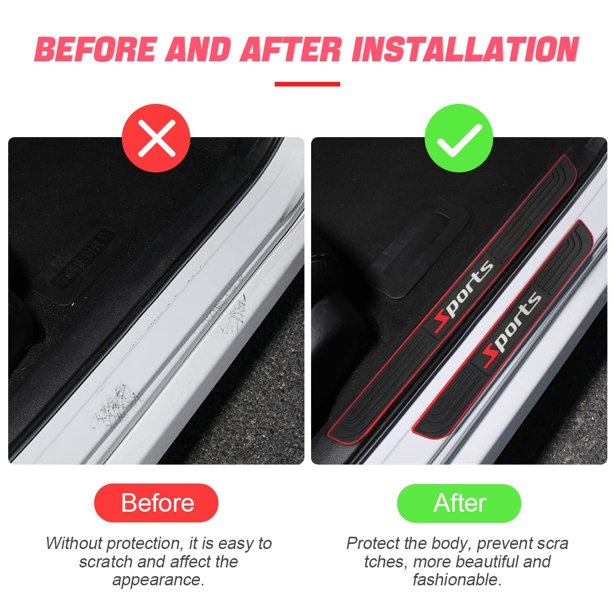 4Pcs Car Door Sill Plate Protectors, Auto Door Entry Guards Sill Scuff Cover Panel Step Protector, Pvc Rubber Anti-Scratch Front Rear Door Pedal, Car Accessories For Most Vehicles (Black/Sport)
