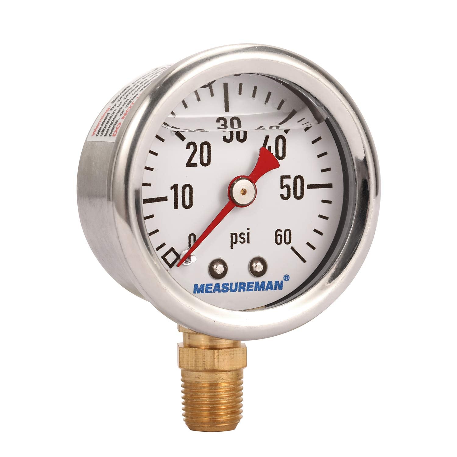 Measureman 1-1/2'' Dial Size, Glycerin Filled Fuel Pressure Gauge, 304 Stainless Steel Case, 0-60Psi, +/-3-2-3%, 1/8'' Npt Lower