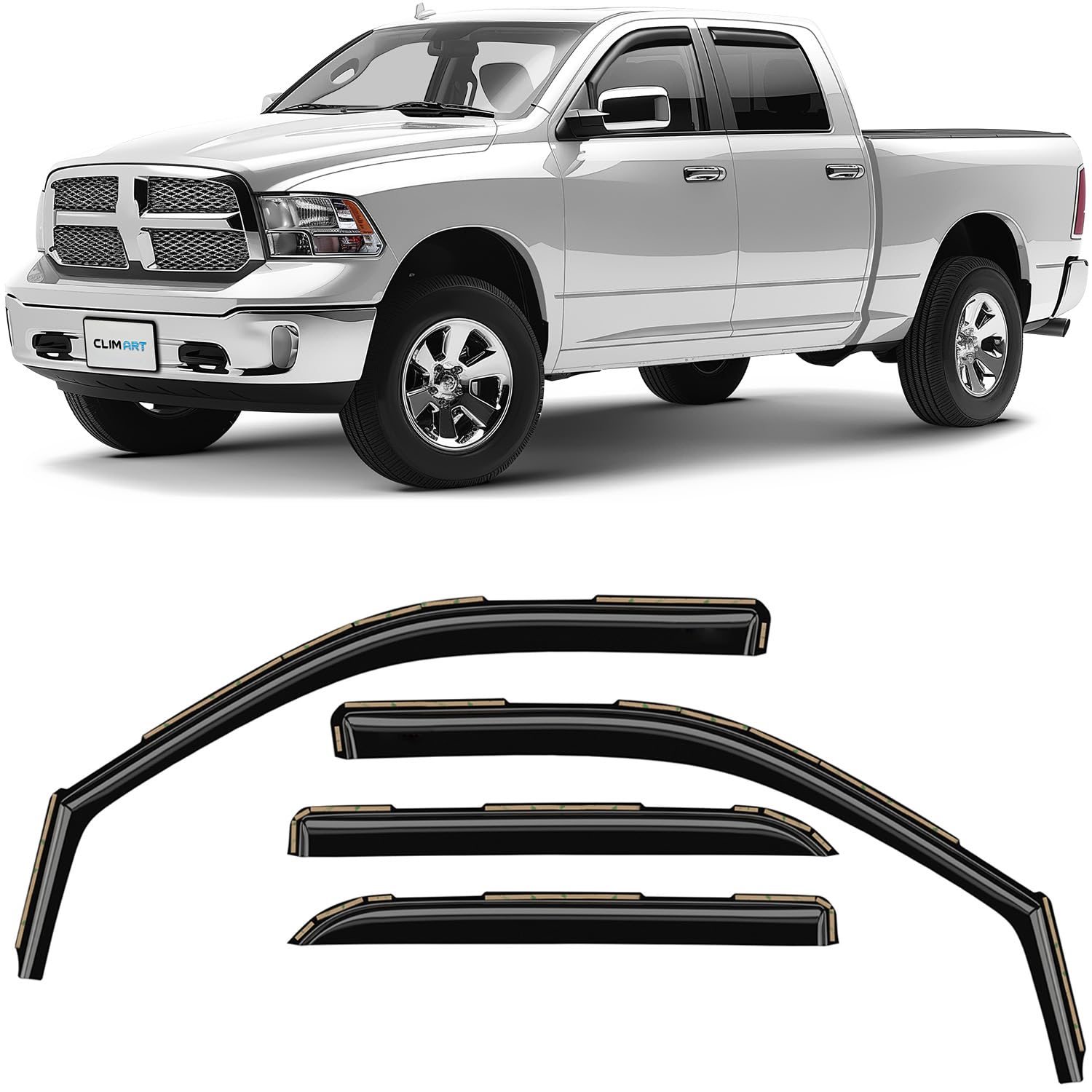 CLIM ART in-Channel Incredibly Durable Rain Guards for Dodge RAM 2009-2018 1500 Crew Cab, Mega Cab, Original Window Deflectors, 