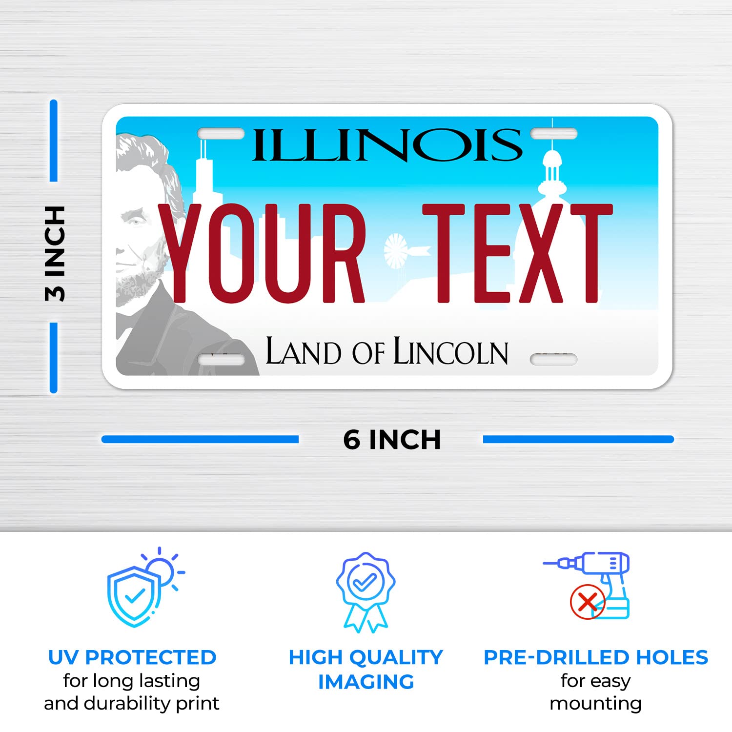 Sigo Signs Custom Illinois Mini License Plate, 3x6 Inches, Rust-Free Aluminum, Personalized Front Car Sign