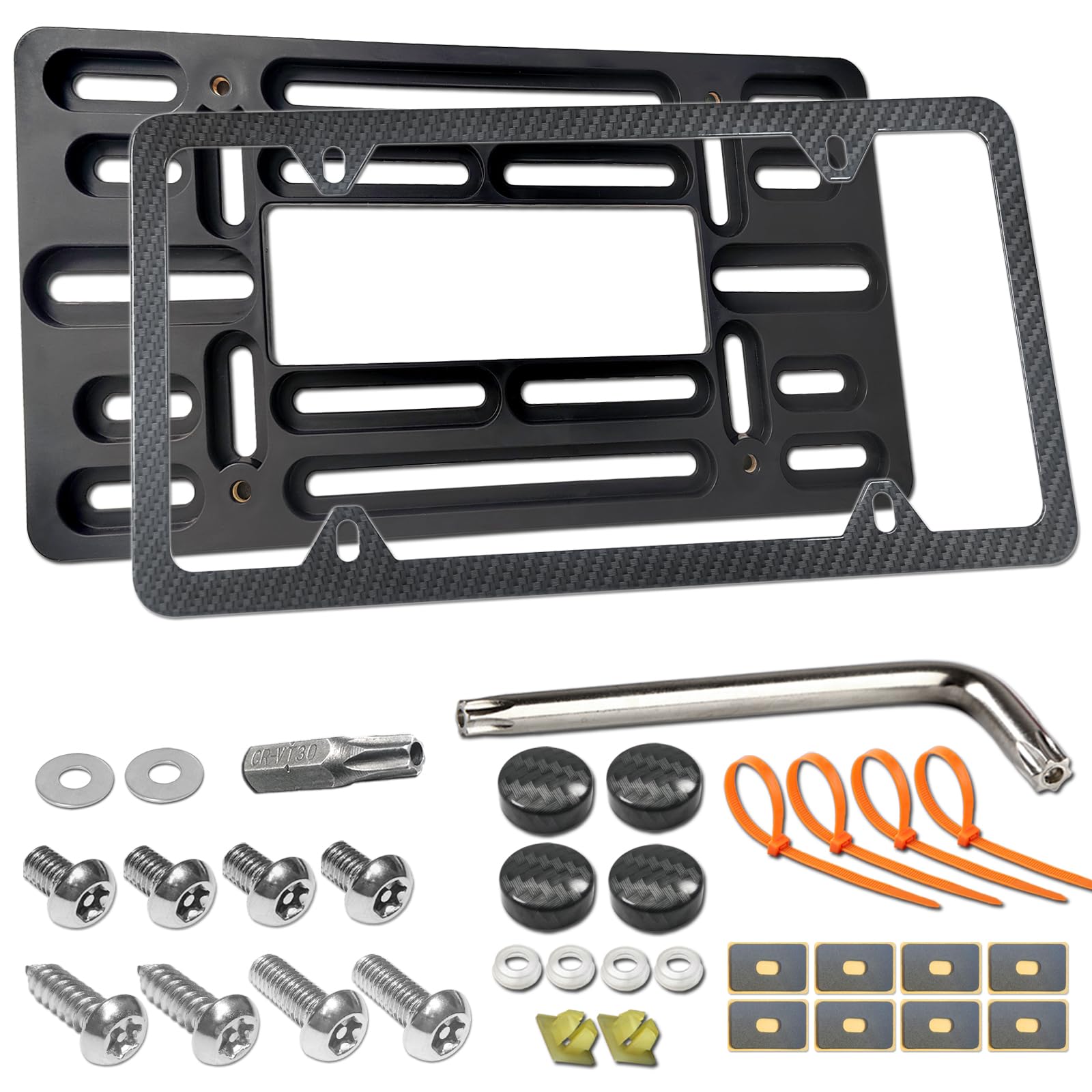 Aootf Front License Plate Bracket- Universal Front Bumper License Plate Mounting Kit, Car Tag Holder Adapter& Carbon Fiber Plate Cover, Anti-Theft Lock Screws, Caps, Nuts, For Us Vehicle Trailer Truck