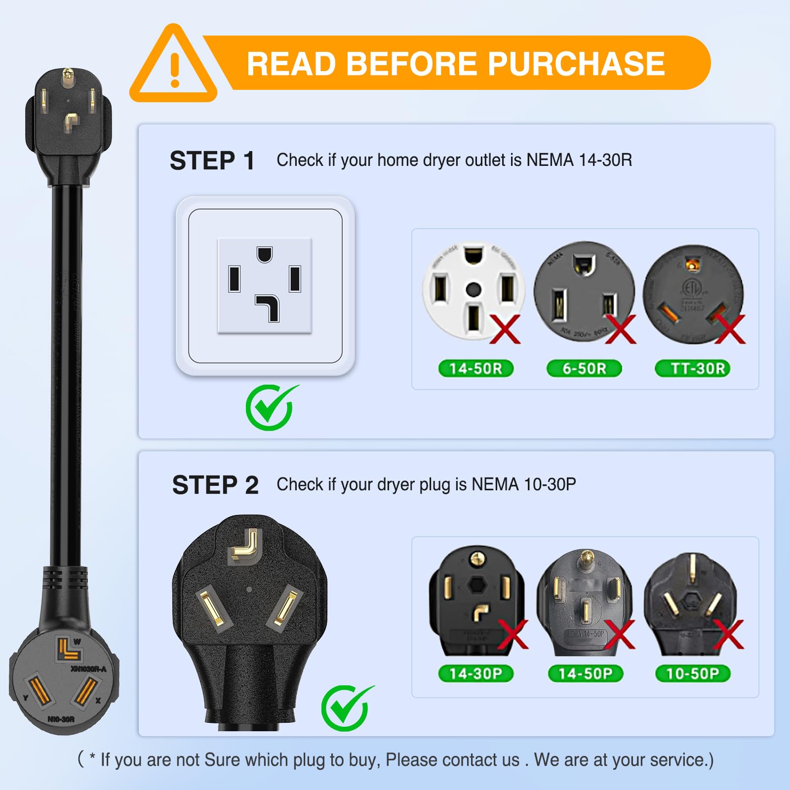 Nilight EV Dryer Adapter Cord 30 Amp 4 Prong 125V/250V, Heavy Duty 10 Gauge, 14-30P to 10-30R, Black, Model