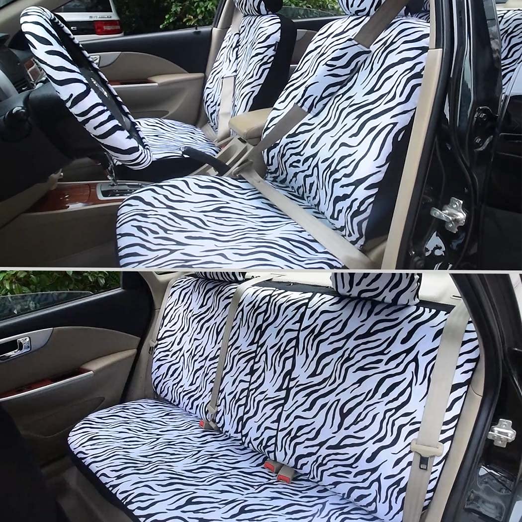 AUTOFAN Zebra Car Seat Covers Full Set with 2 Seat Belt Pads & 15" Steering Wheel Cover for Cars, Trucks, SUVs, Vans - Polyester