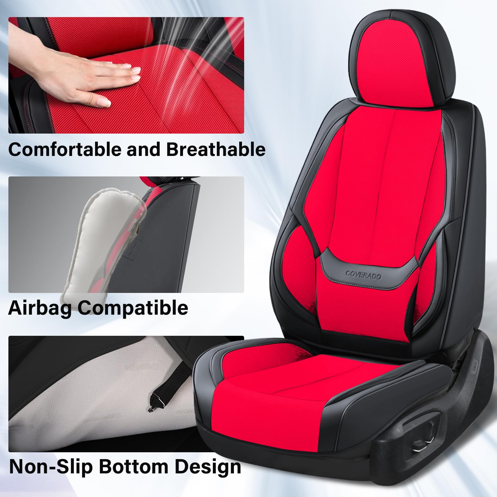 Coverado 5-Piece Front & Back Car Seat Covers, Faux Leather & Fabric, Full Set, Universal Fit, Red, Model SCU004