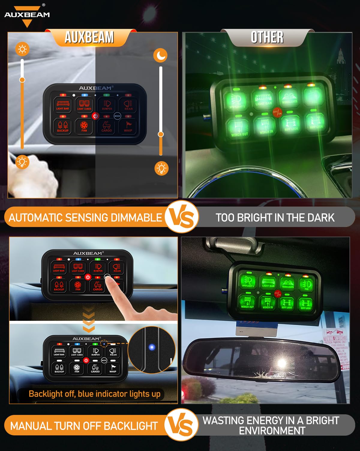 Auxbeam 8 Gang RGB Toggle Switch Panel, Dimmable, Waterproof, Aluminum, Model QPA01078B1-FBA, Easy Installation for Car/Boat/RV