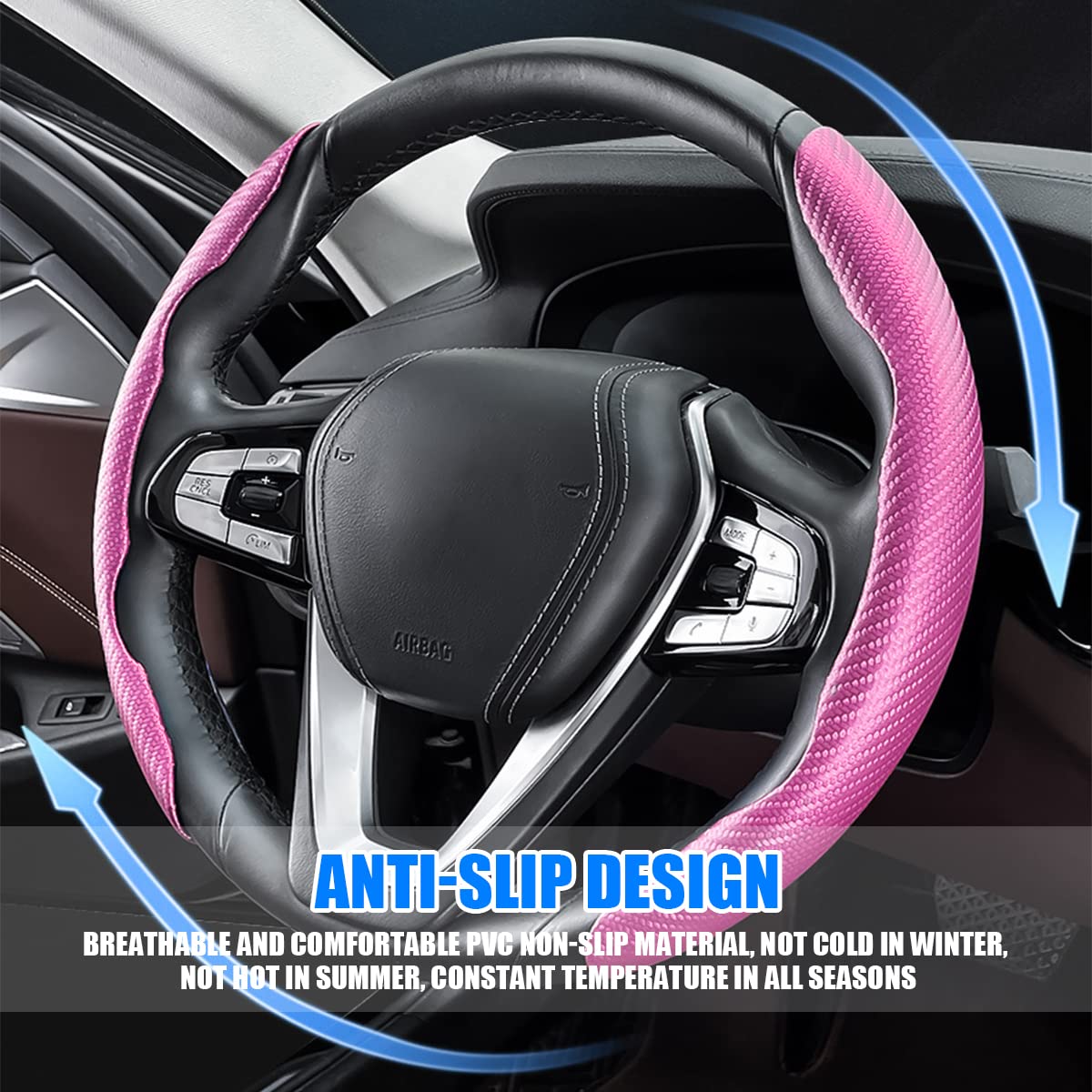 Car Steering Wheel Cover, Carbon Fiber Pu Leather Segmented Steering Wheels Protector, Breathable Anti Slip Durable Auto Interior Accessories For Women Men, 15 Inch Universal For Most Cars (Pink)