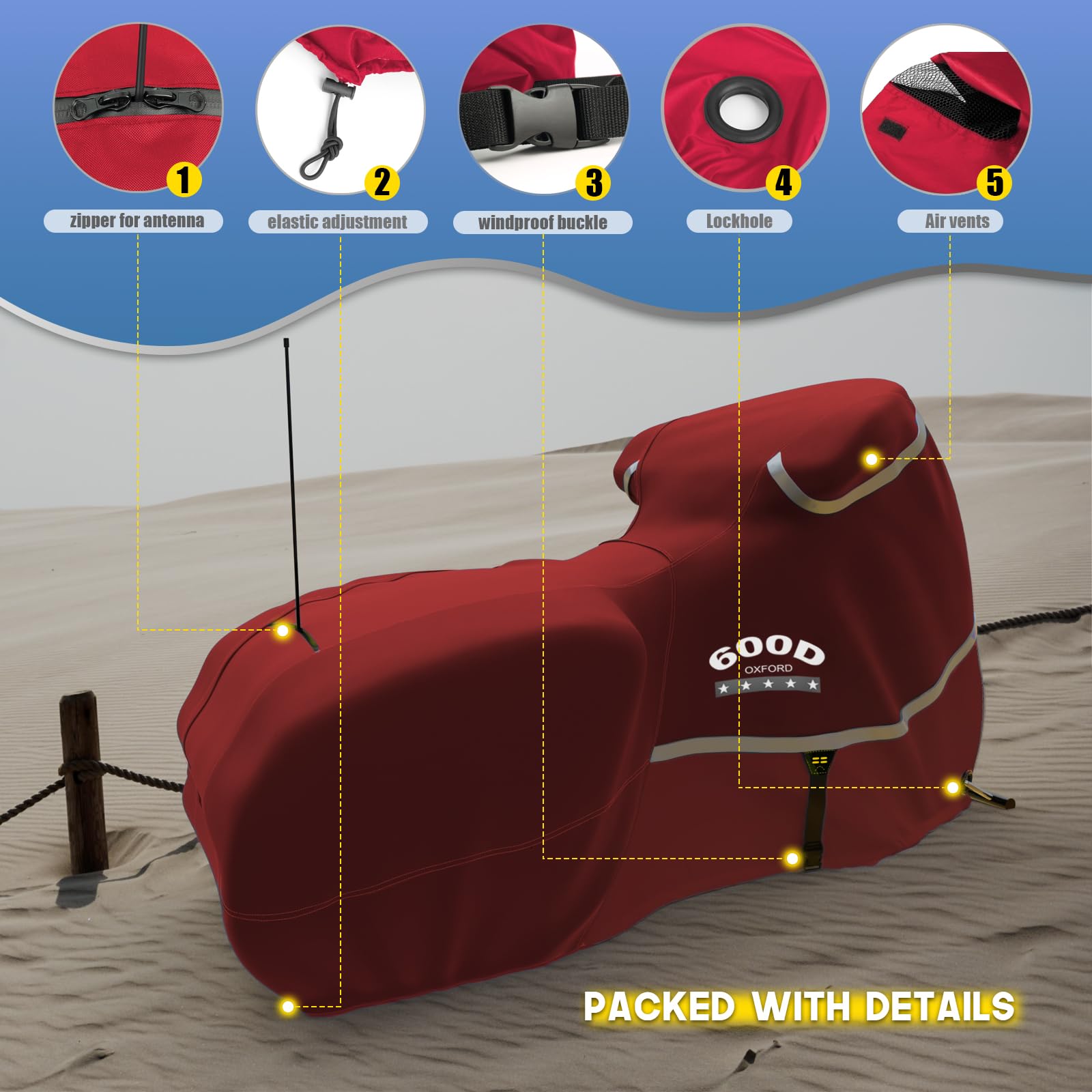 Rosefray Motorcycle Cover Heavy Duty 600D Waterproof for Harley Davidson Touring Models - Red, Side Box, Model ROSE-600D-TBIKE-RED-fra