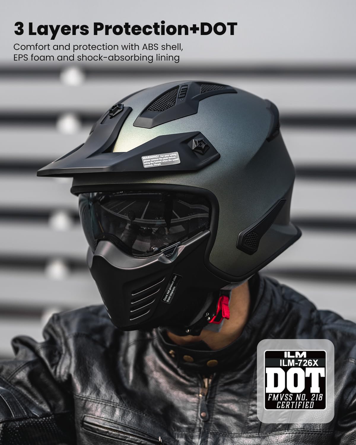 ILM Open Face 3/4 Motorcycle Helmet DOT Model 726X, XX-Large, Midnight Green, ABS Material, Ideal for Dirt Bike, ATV, UTV, Scooter