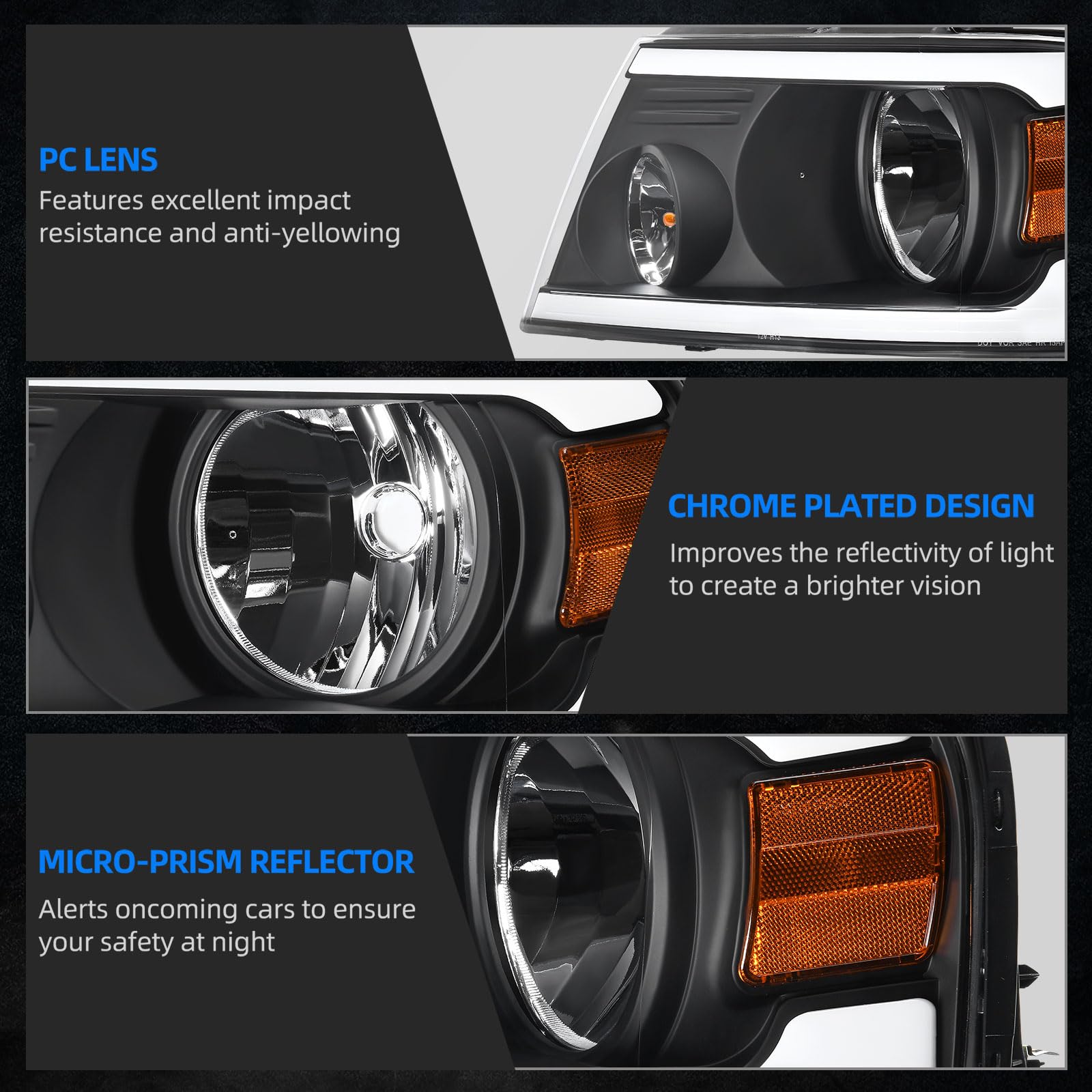 AUTOSAVER88 Switchback LED Headlights Assembly for 2004-2008 Ford F150, Black Housing with Amber Reflector, Driver & Passenger Side