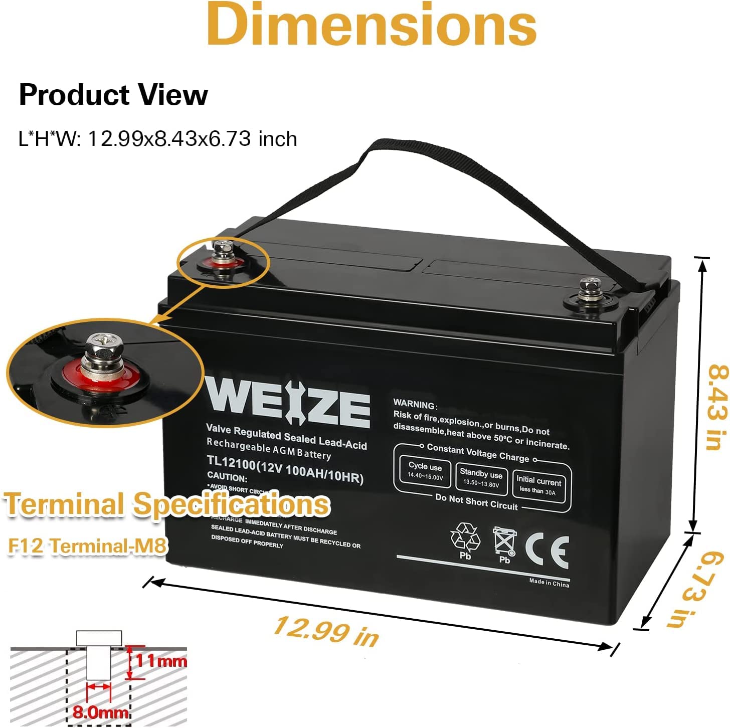WEIZE 12V 100Ah Deep Cycle Battery, Group Size 31, 1150A Max Discharge, Ideal for RV, Solar, Camping, Marine, Off-Grid Systems