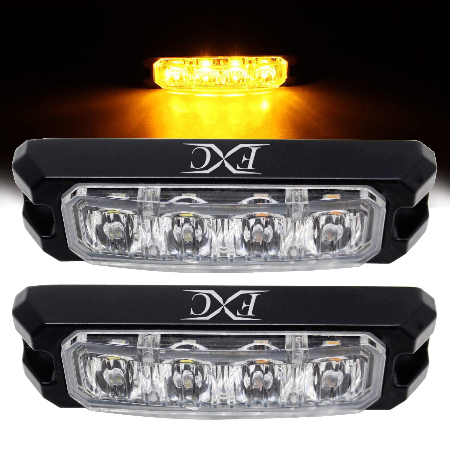 FXC 4-LED Strobe Lights for Trucks Amber Waterproof Emergency Beacon Flash Lights,Purishion Caution Bar 10 Patterns Flashing Car