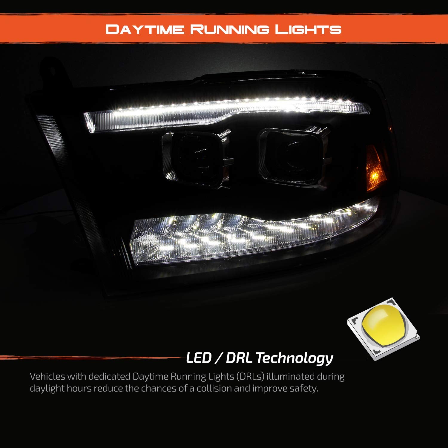 AKKON Projector & Bar LED Headlights for 09-18 Dodge Ram 1500/2500/3500, Dual Projector Black Housing, Includes Light Bulbs