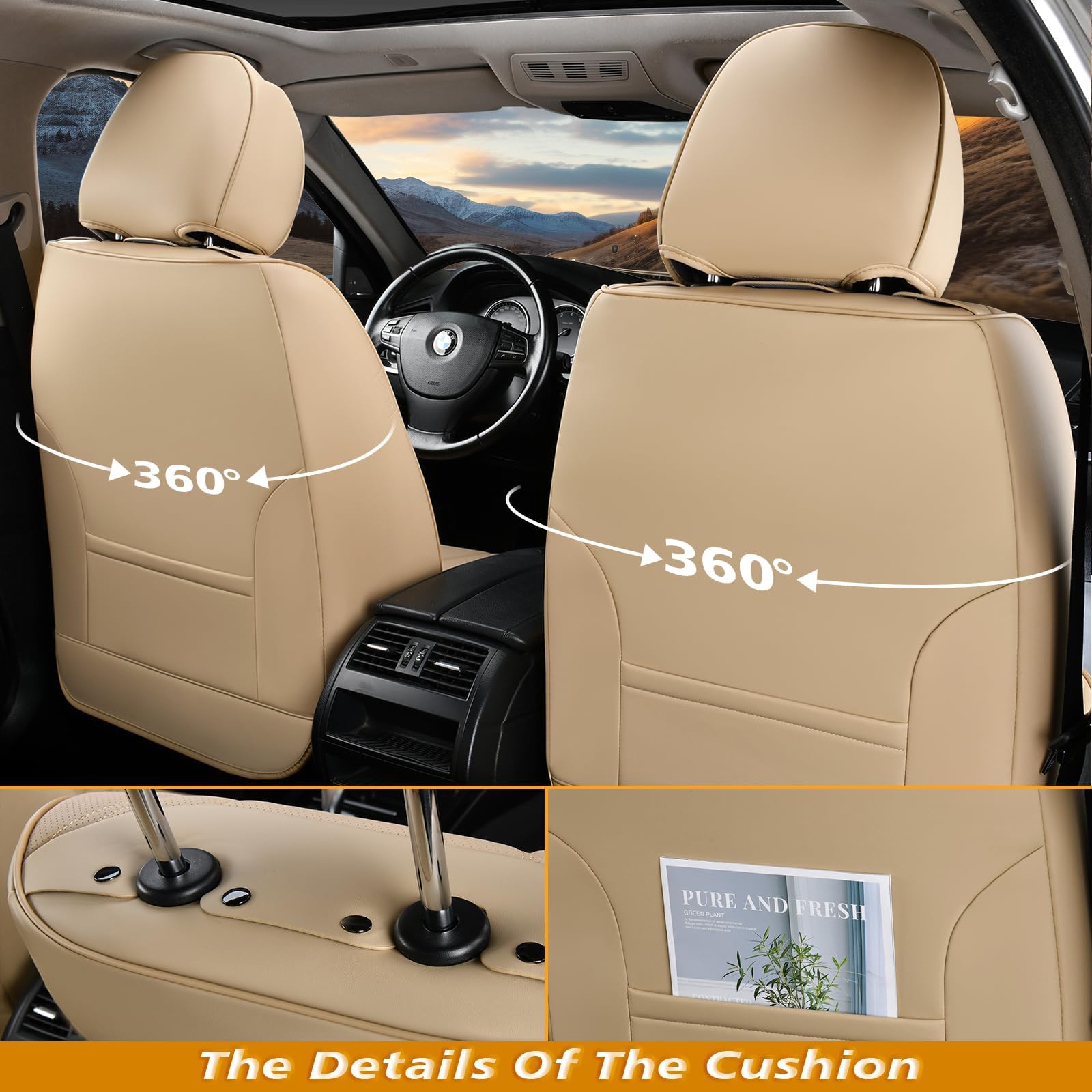 Coverado Car Seat Covers Front Pair, Nappa Leather, Waterproof, Beige, SCU038
