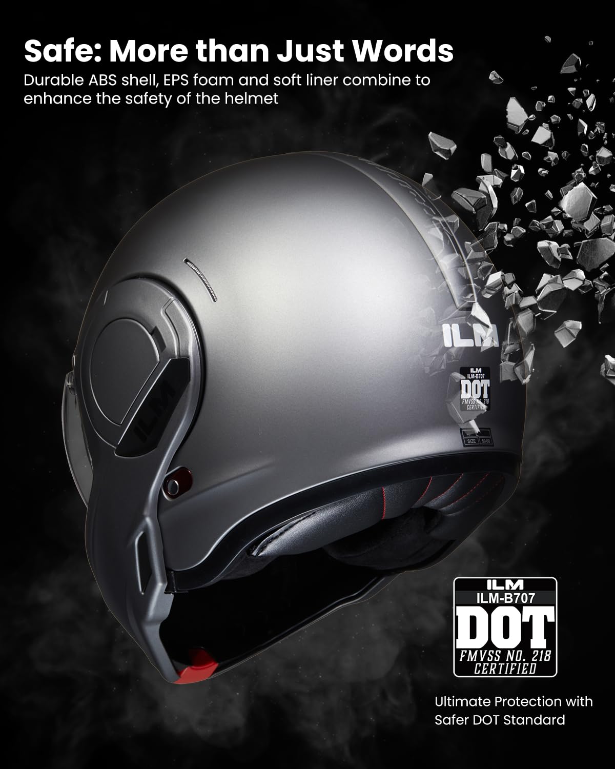 ILM Vintage Modular Motorcycle Helmet DOT B707, Matte Gray, XL, ABS, 180° Chin Guard for ATV/UTV/Snowmobile