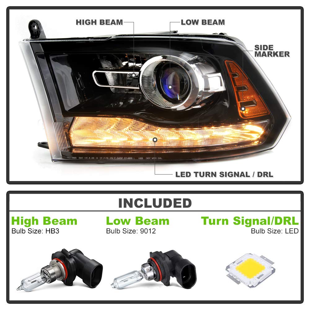 ACANII Headlight for 2013-2015 Dodge Ram 1500/2500/3500 - Black Trim, Driver Side