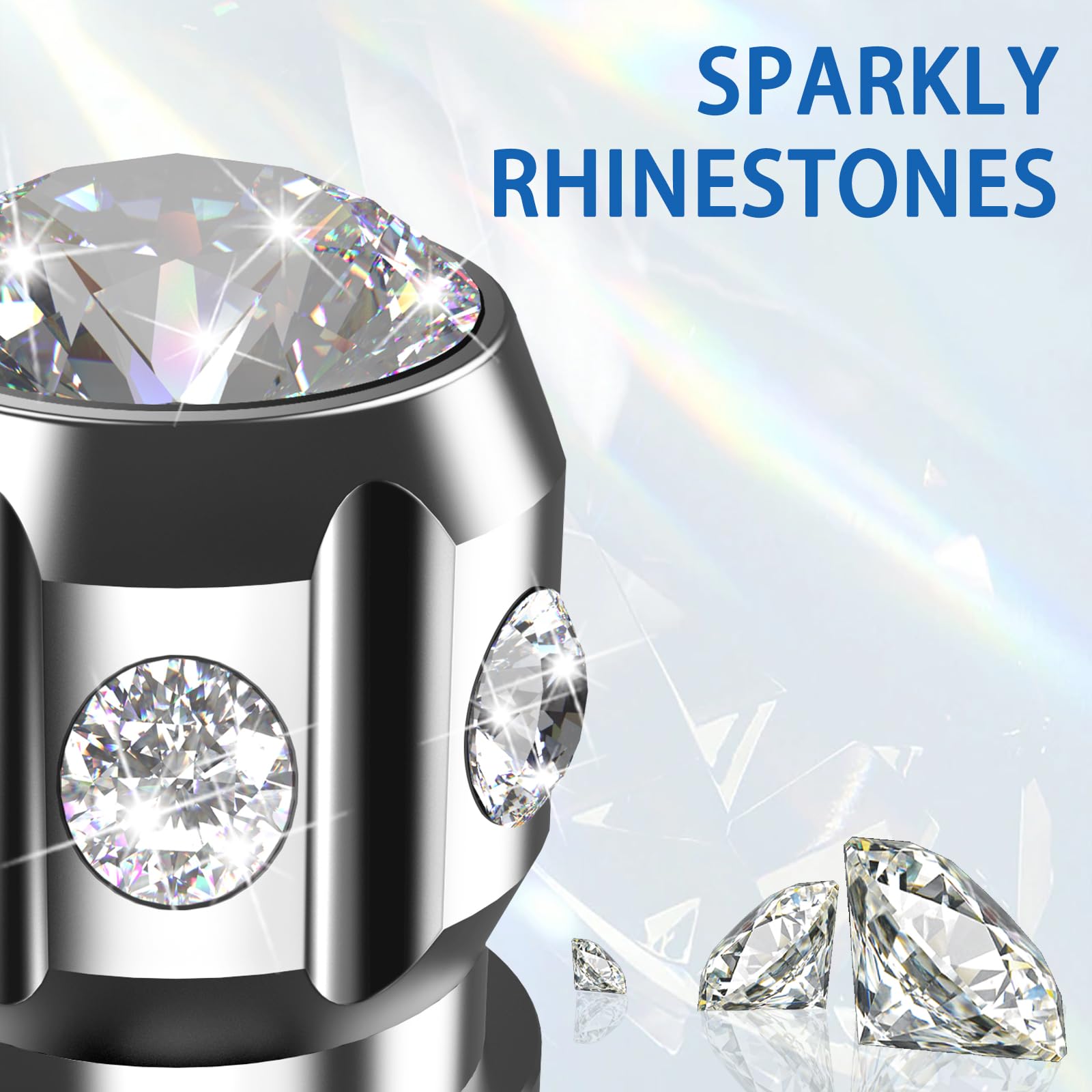 QUARKACE Tire Valve Caps - Sparkly Rhinestone, Anti-Fading, Corrosion Resistant, Silver - 4 Pack for Cars, SUVs, Trucks, Bikes