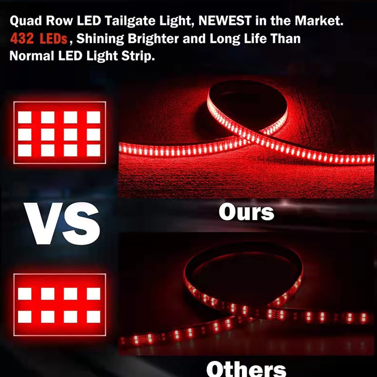 Akarado Led Tailgate Light Bar Triple Row 60'' Truck Tailgate Strip Light 5 Functions Red Brake/Amber Turn Signal/White Revers/D