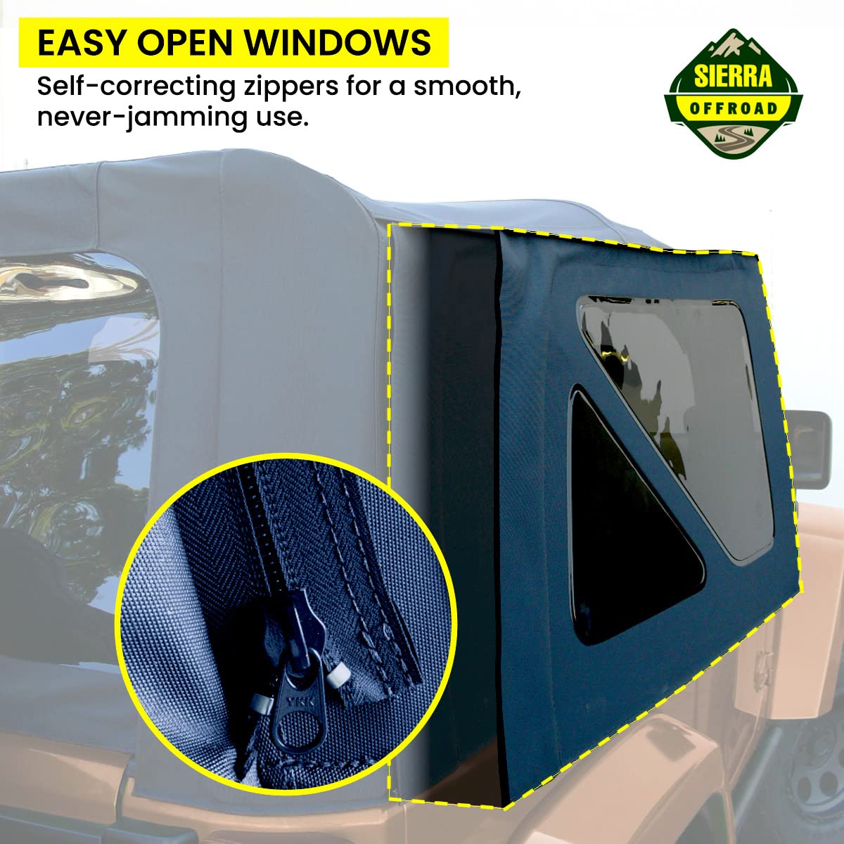Sierra Offroad Soft Top for 97-06 Jeep Wrangler TJ, Black Denim, 2 Door, No Upper Door Skins, Factory Fit Replacement