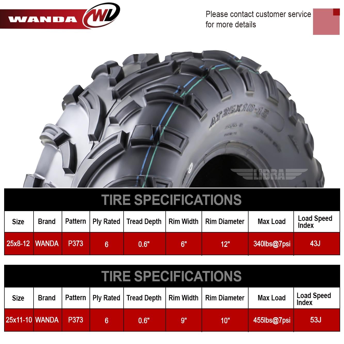 Wanda Utv Atv Tires (2) 25X8-12 Front & (4) 25X11-10 Rear /6Pr P373 Lit Mud 6 Wheelers