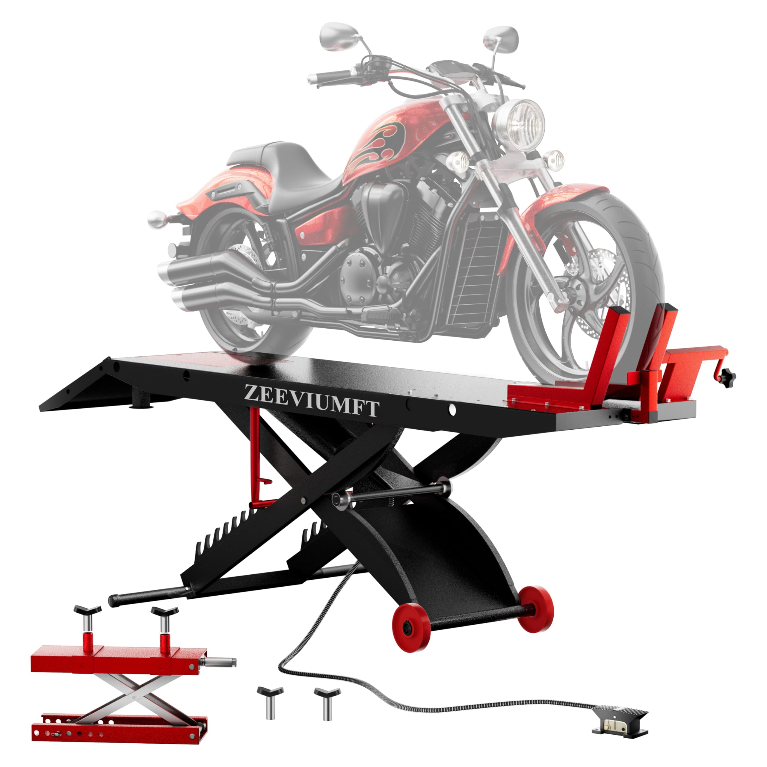 ZEEVIUMFT 1500 LB Motorcycle Lift Table, Heavy-Duty Air/Hydraulic 24 Wide Platform, Stand-Up Ergonomic Installation, Bonus Motor
