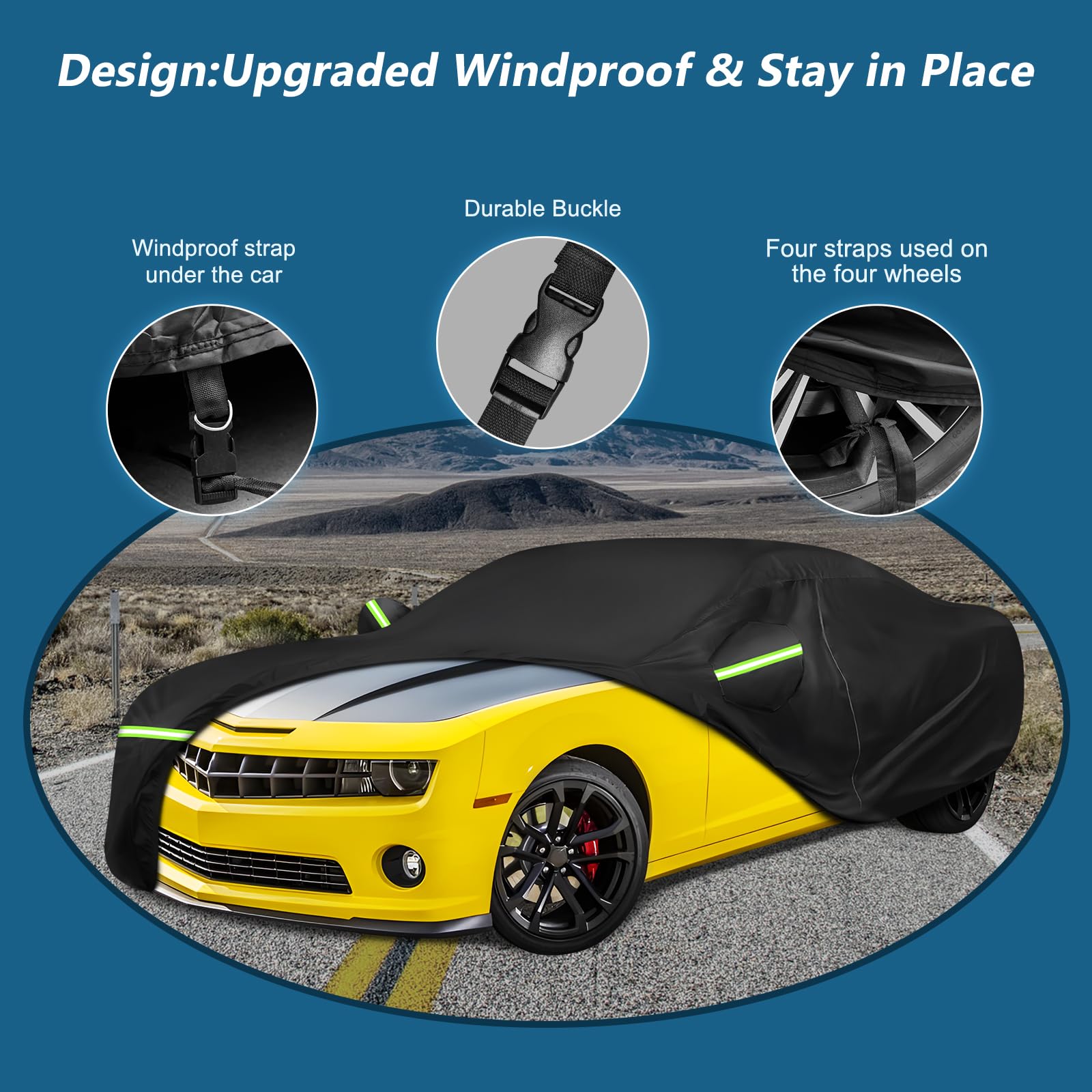 BIGACOVER Camaro Full Car Cover 2010-2025, Heavy Duty Waterproof, Black, Zipper & Soft Lining, Windproof, Fits Up to 190''L