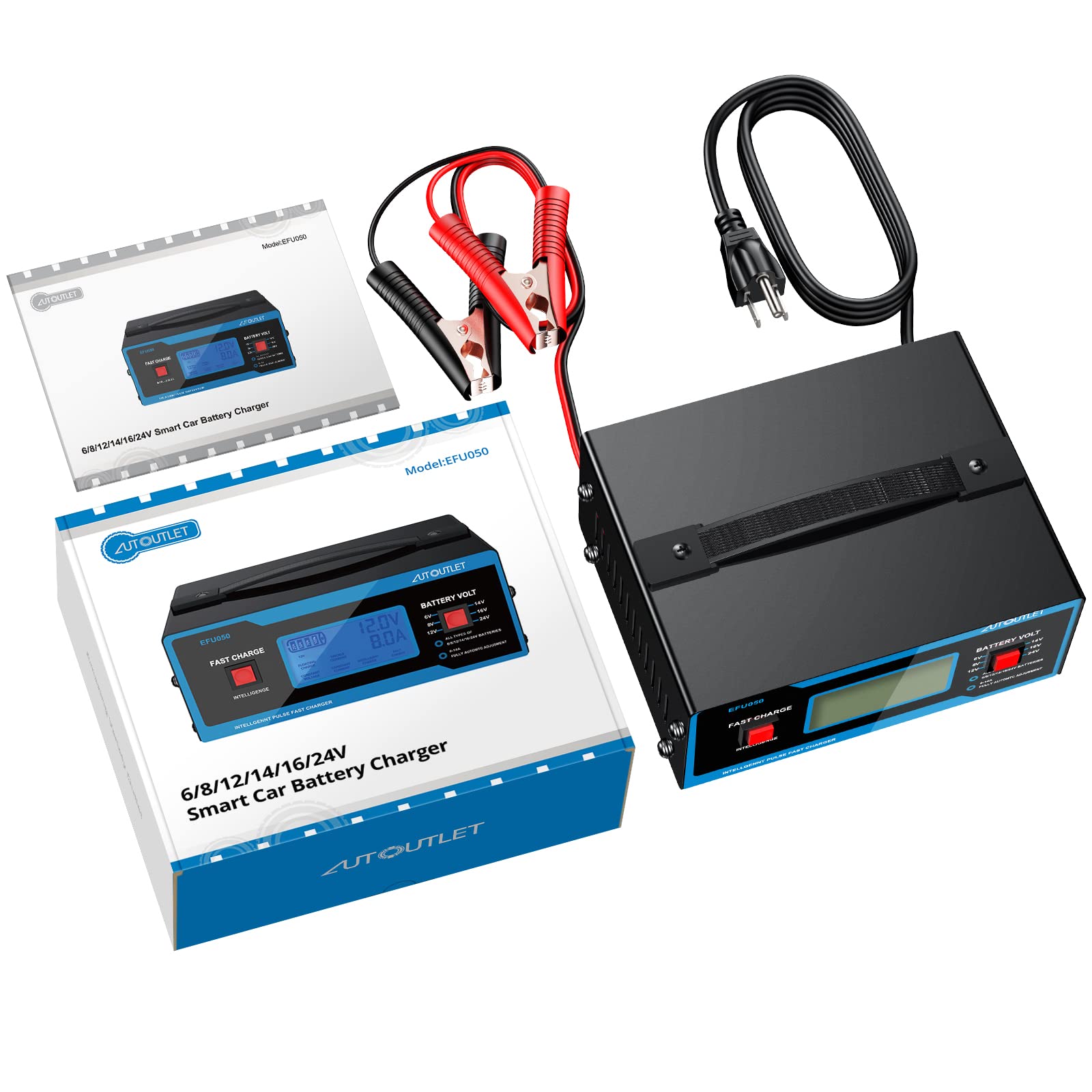 AUTOUTLET 8V Automotive Battery Charger & Maintainer, 0-10A, Upgraded Cable Clamps, Blue, Model EFU051euITE