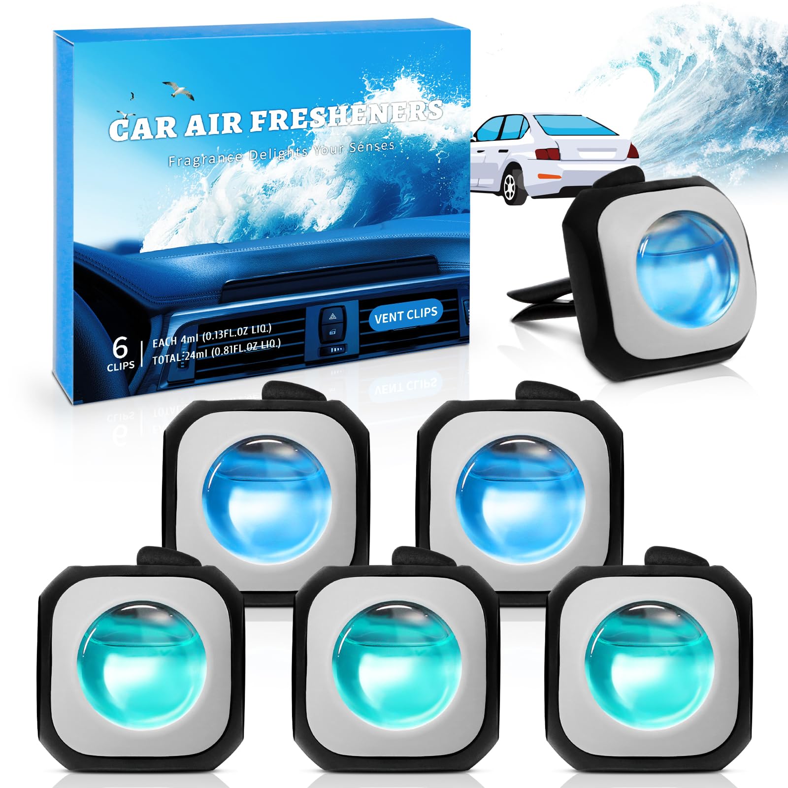 SCENTORINI Car Air Freshener, Vent Clips, Ocean Breeze New Car Scents Air Freshener, Car Fresheners Long Lasting, Pack of 6, Up 