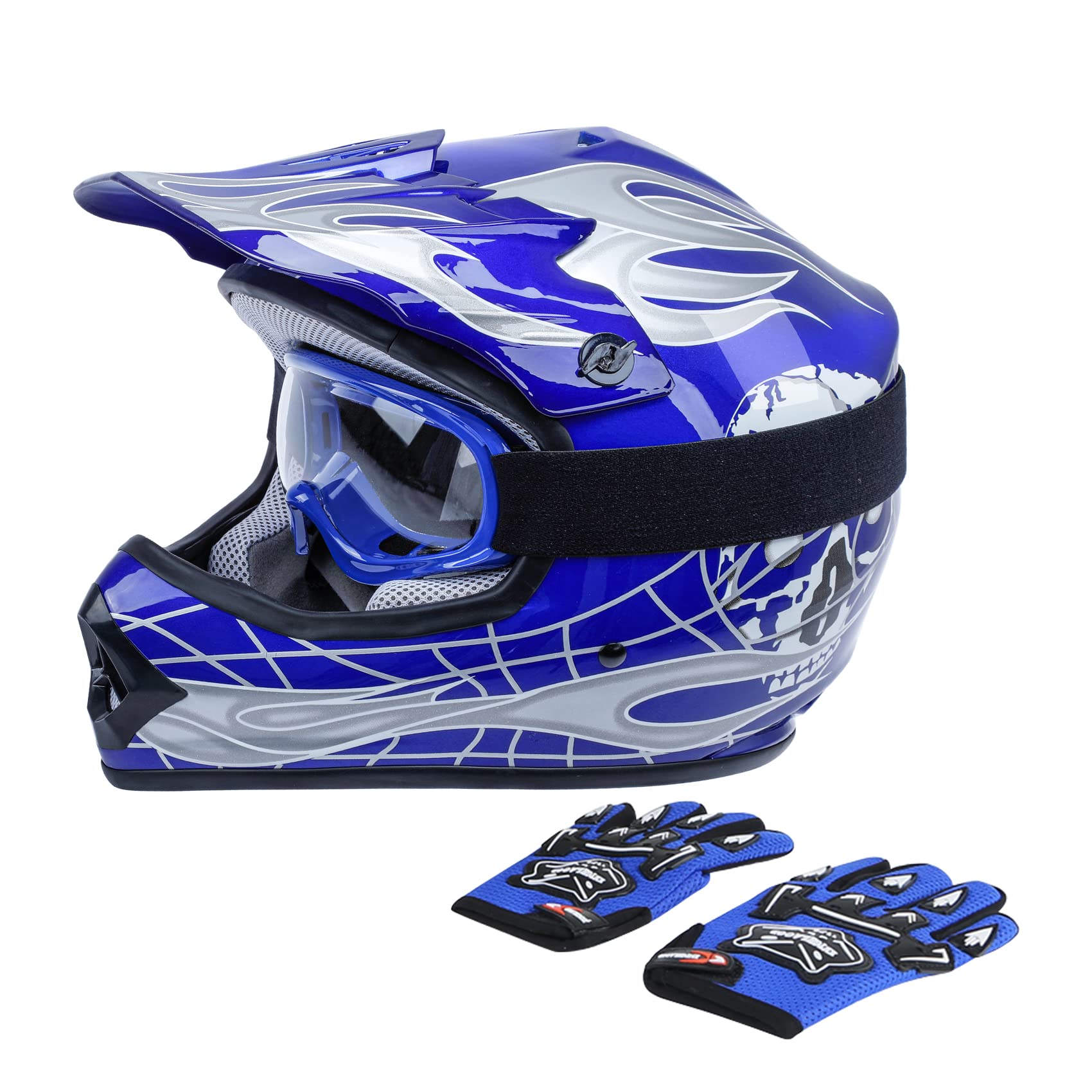 TCT-MOTORPARTS DOT Youth Kids Dirt Bike Full Face Helmets Motocross ATV Offroad Four Wheeler Helmet Blue Skull X-Large Size -Like New