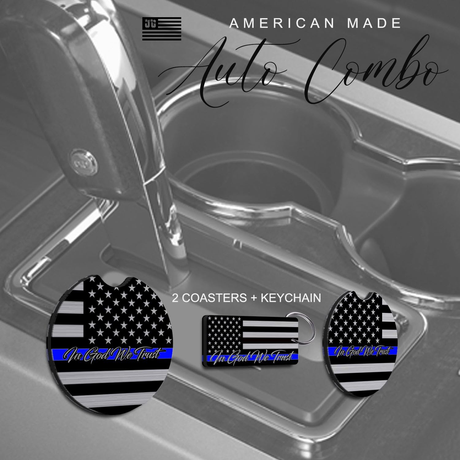American Flag In God We Trust License Plate Frame + Blue Line Coasters + Keychain - Perfect For God And Country Lovers - Tactica