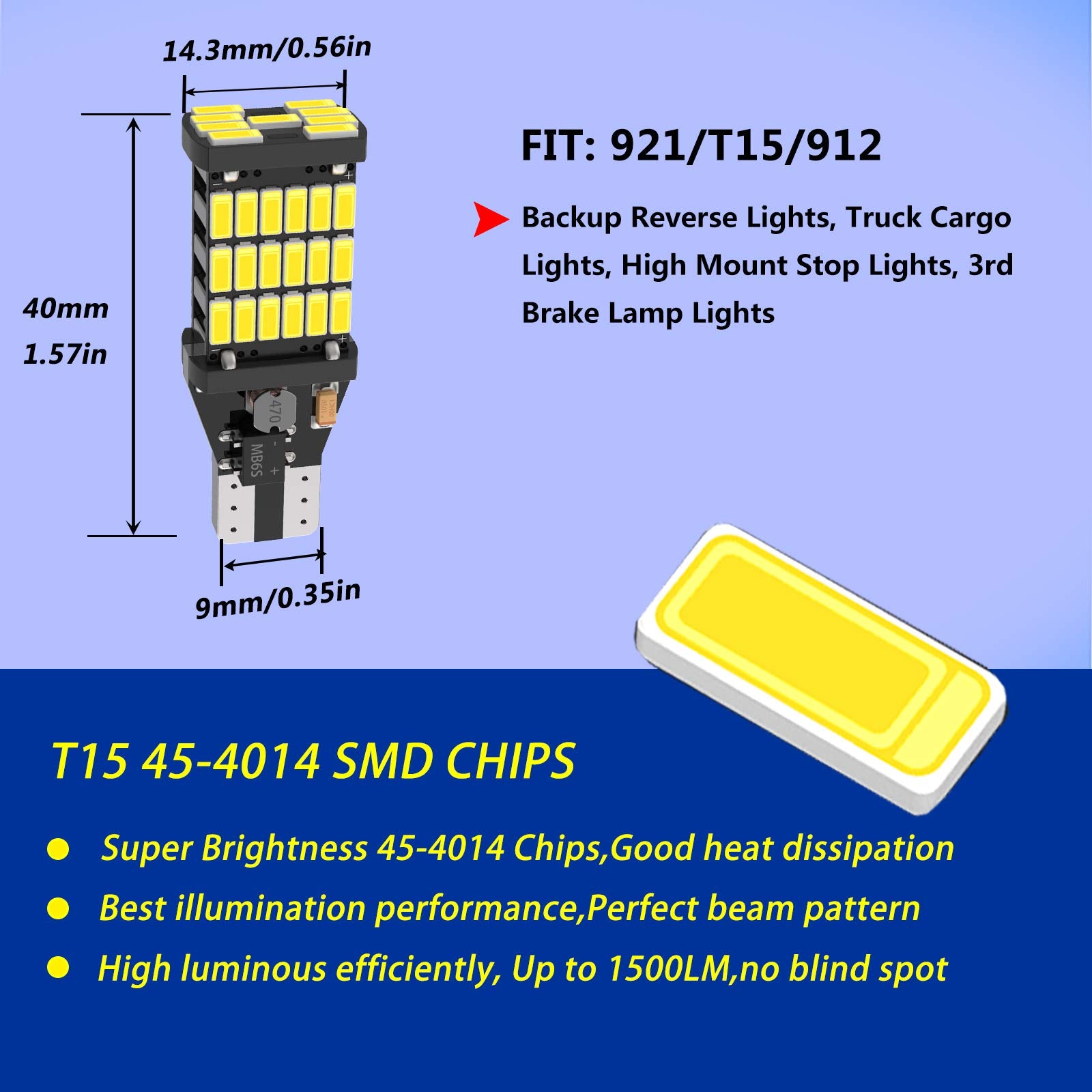 4Pcs Super Bright 921 T15 912 W16W Led Reverse Lights, Error Free 904 Led 921 Bulbs 45Smd-4014 Chipsets, Newest 912 921 906 Led Car Bulbs For Car Truck Backup Reverse Lights, 1500 Lumens 6500K White