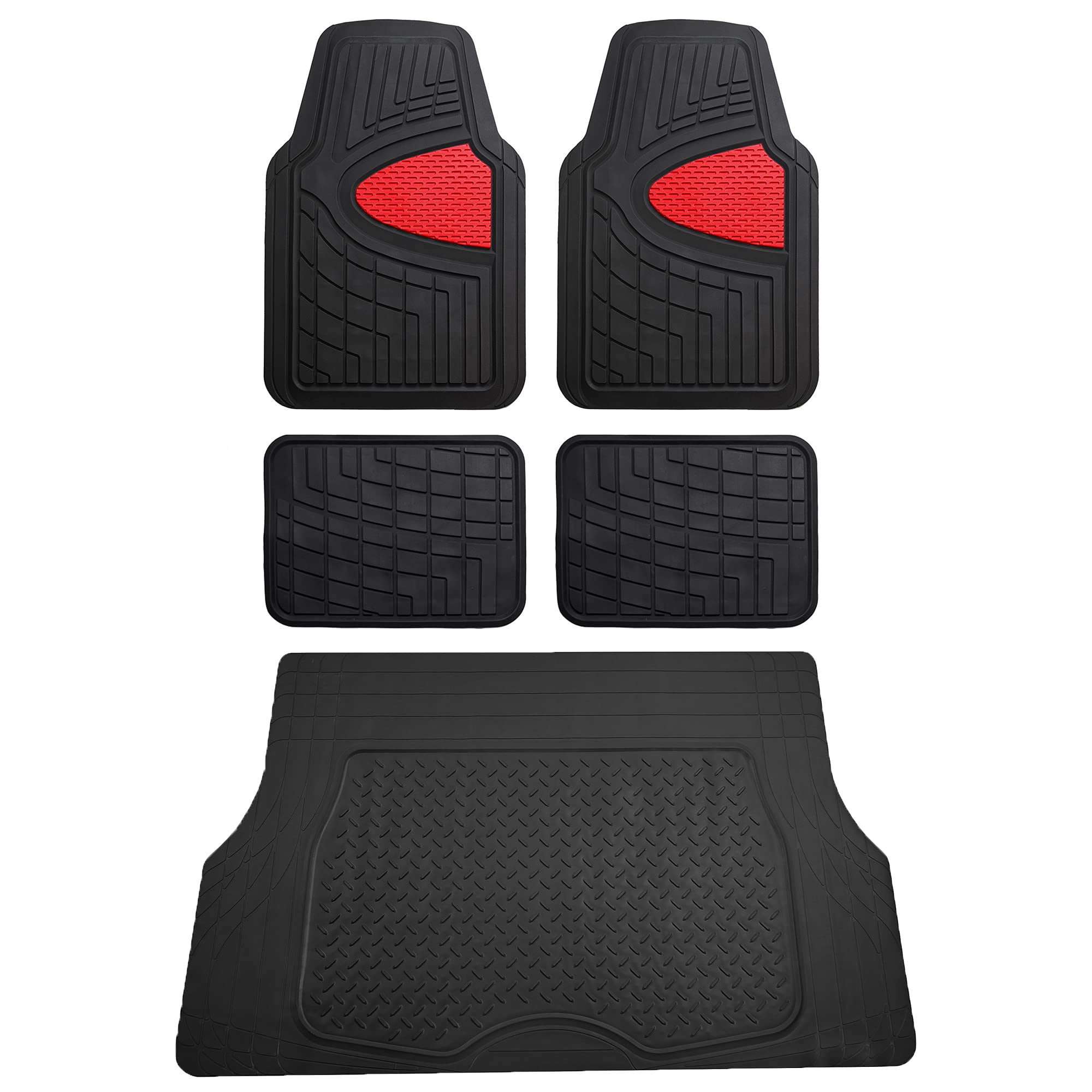 Fh Group Premium Liners Tall Channel Trimmable All Weather Rubber Full Set Car Floor Mats (Red) W. Trimmable All-Season Cargo Li