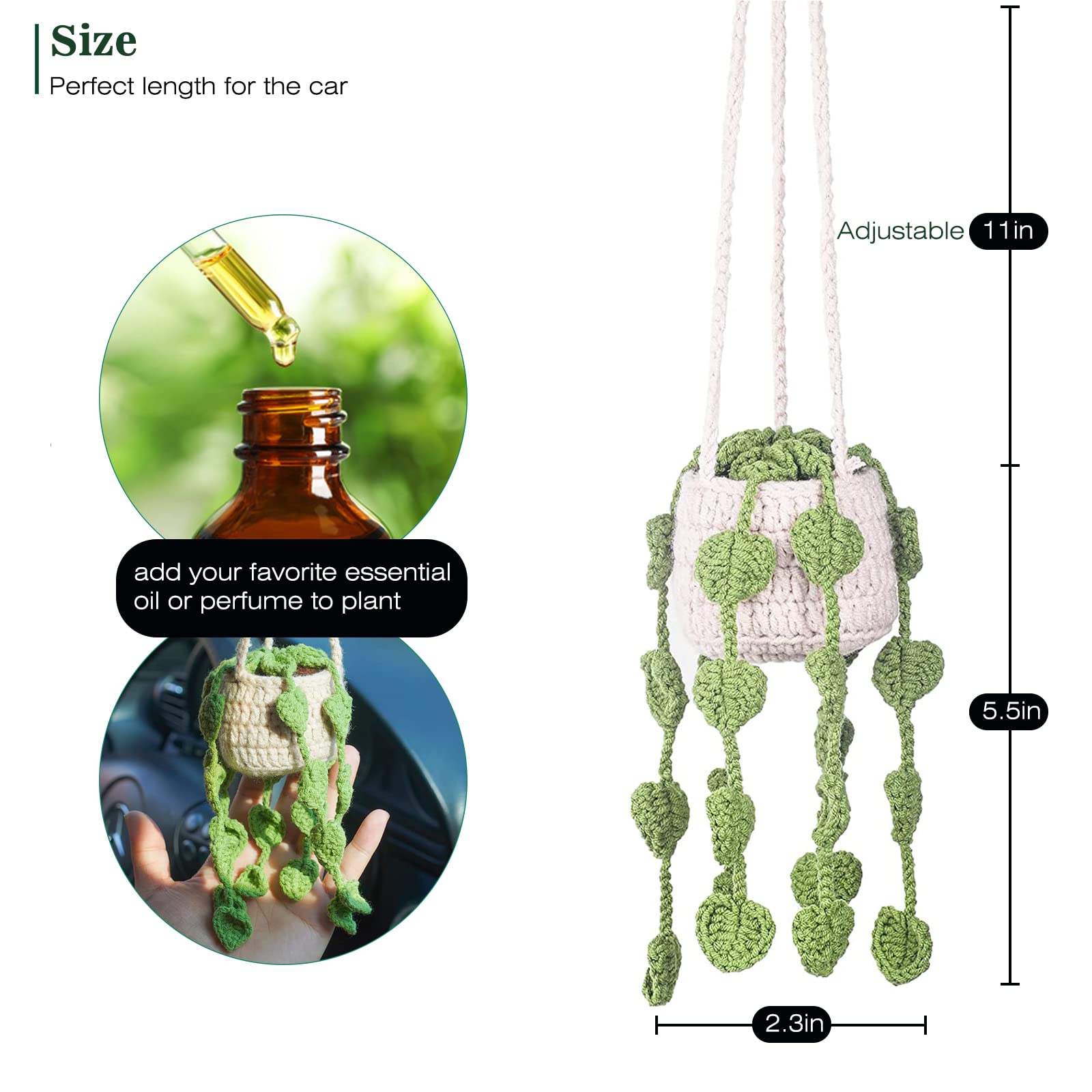 Cute Crochet Plant for Car Rear View Mirror,Boho Handmade Car Mirror Hanging Accessories for Women Girls,Green Car Interior Aest