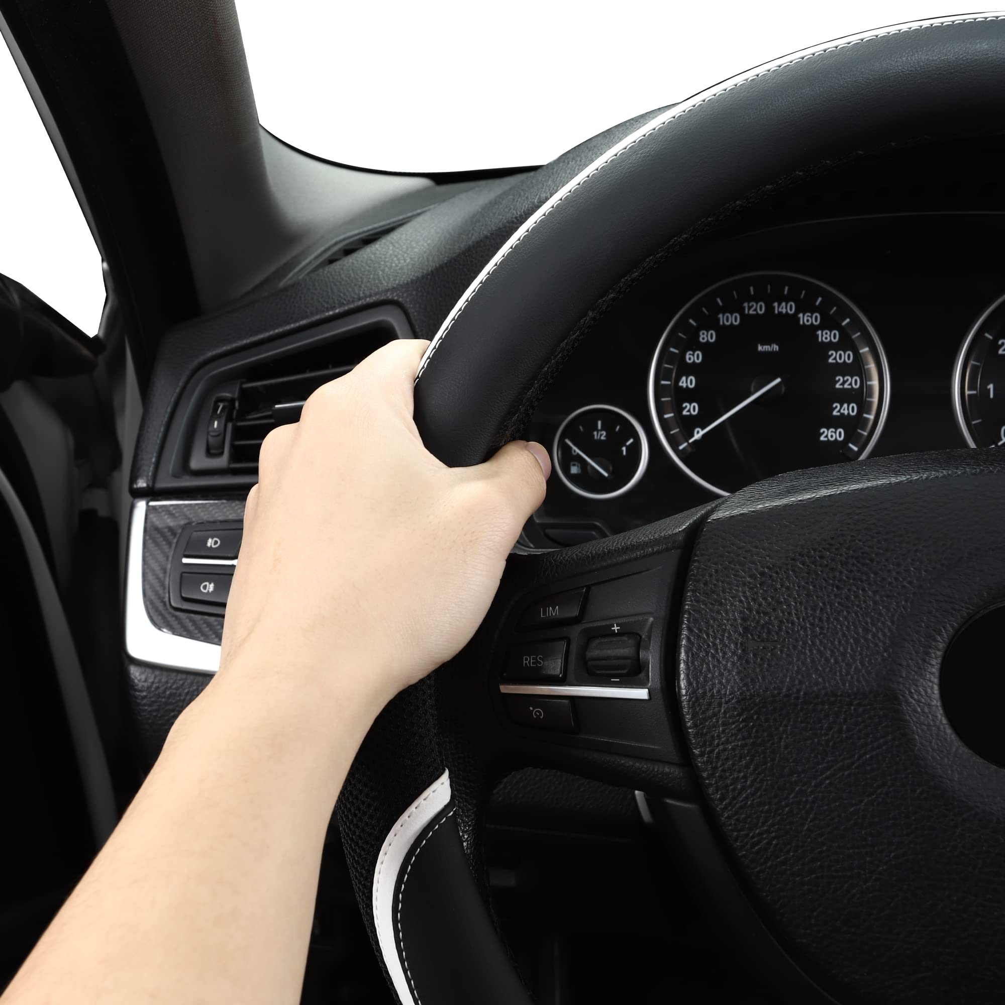 Microfiber Leather 16'' Universal Fit Car Steering Wheel Cover, Elastic Nonslip Breathable And Odorless, Black & White Grip