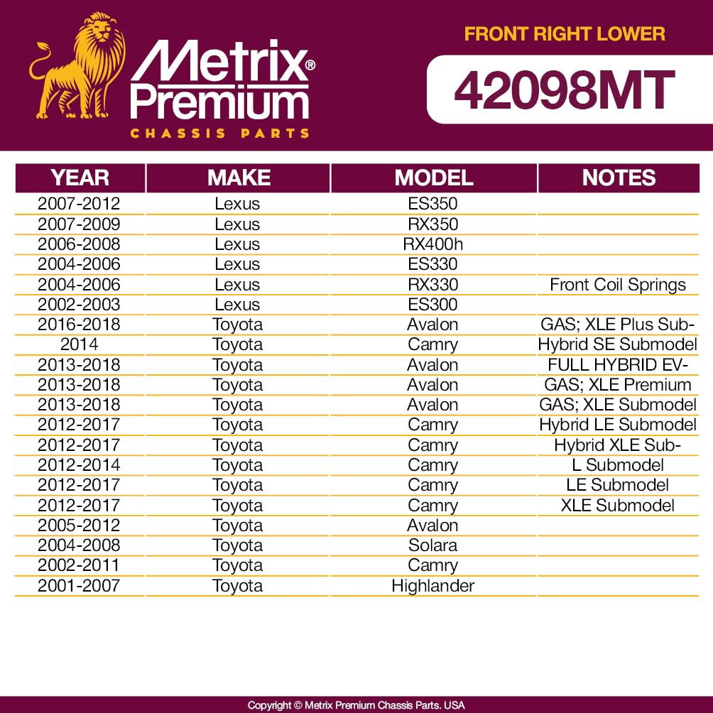 Metrix Premium Chassis Parts - Front Right Lower Control Arm Fits 07-12 Lexus Es350, 07-09 Rx350, 06-08 Rx400H, 04-06 Es330, 04-