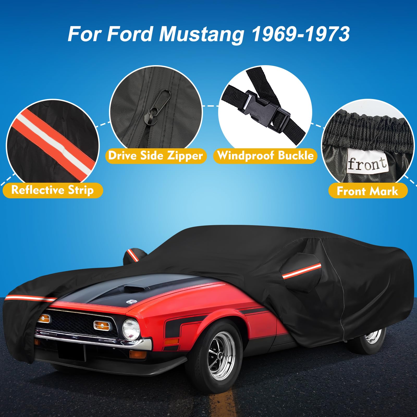 Q QUNSUNUS Waterproof Car Cover, Oxford & Cotton, Fits Ford Mustang 1969-1973, All Weather Protection with Zipper & Elastic Edges