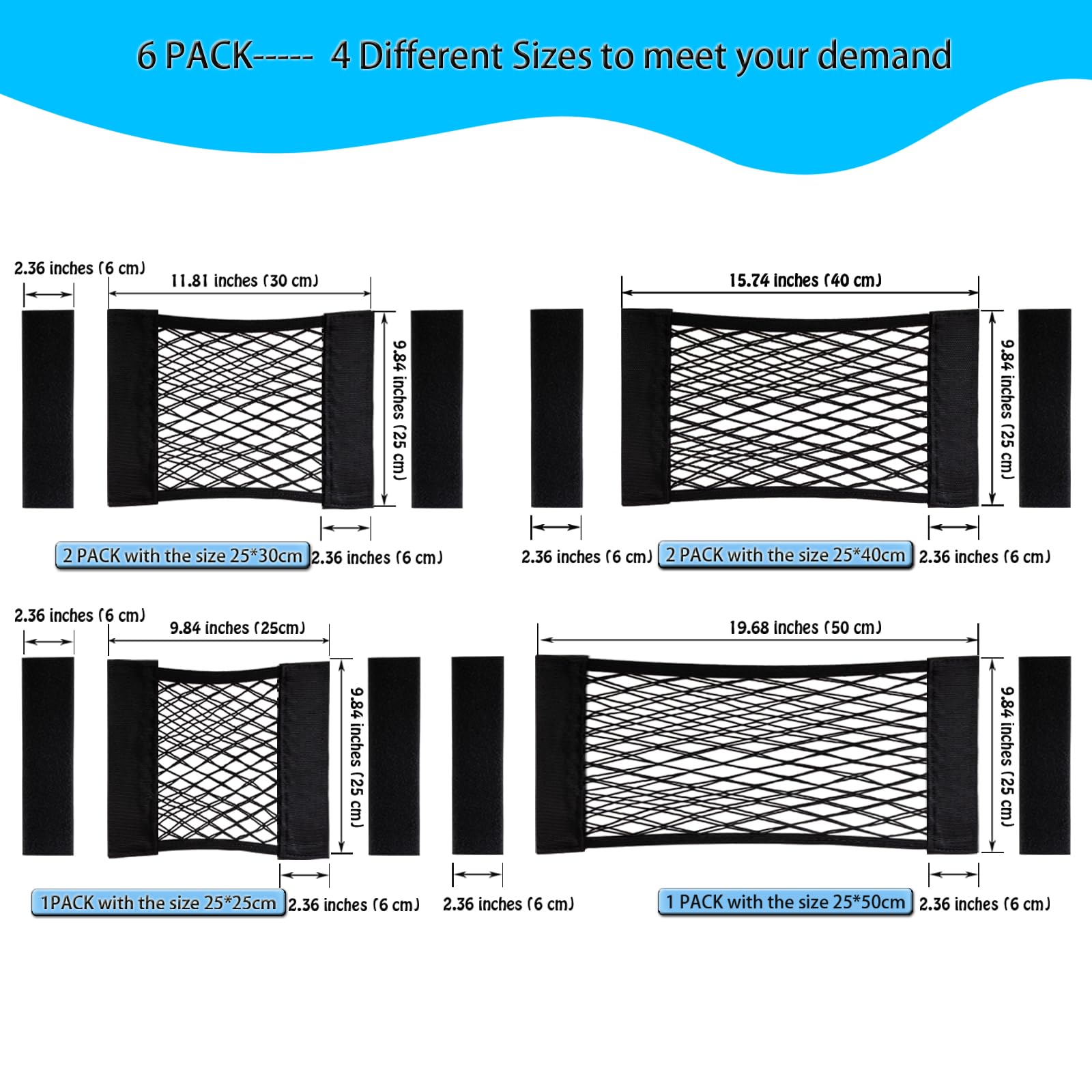 Xiwumoer 6Pack Mesh Cargo Net Car Storage Net Wall Sticker Organizer Pouch Bag Elastic Mesh Net With Tape Stickers For Trunk Sto