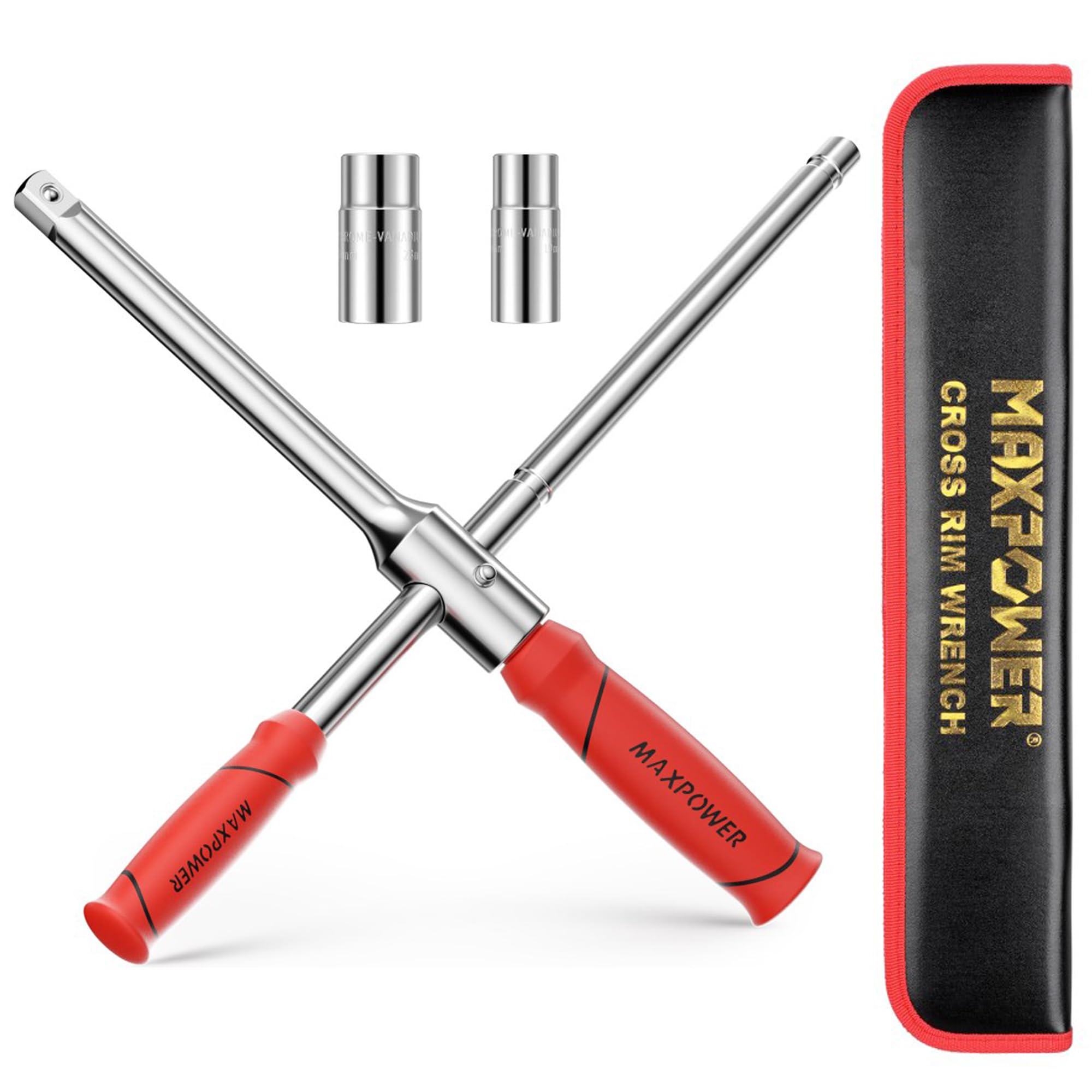 MAXPOWER Lug Wrench, Tire Wrench With 1/2-Inch Drive and 2PCS Standard Sockets (17 mm/19 mm, 21 mm/23 mm), Detachable Rapid Cros