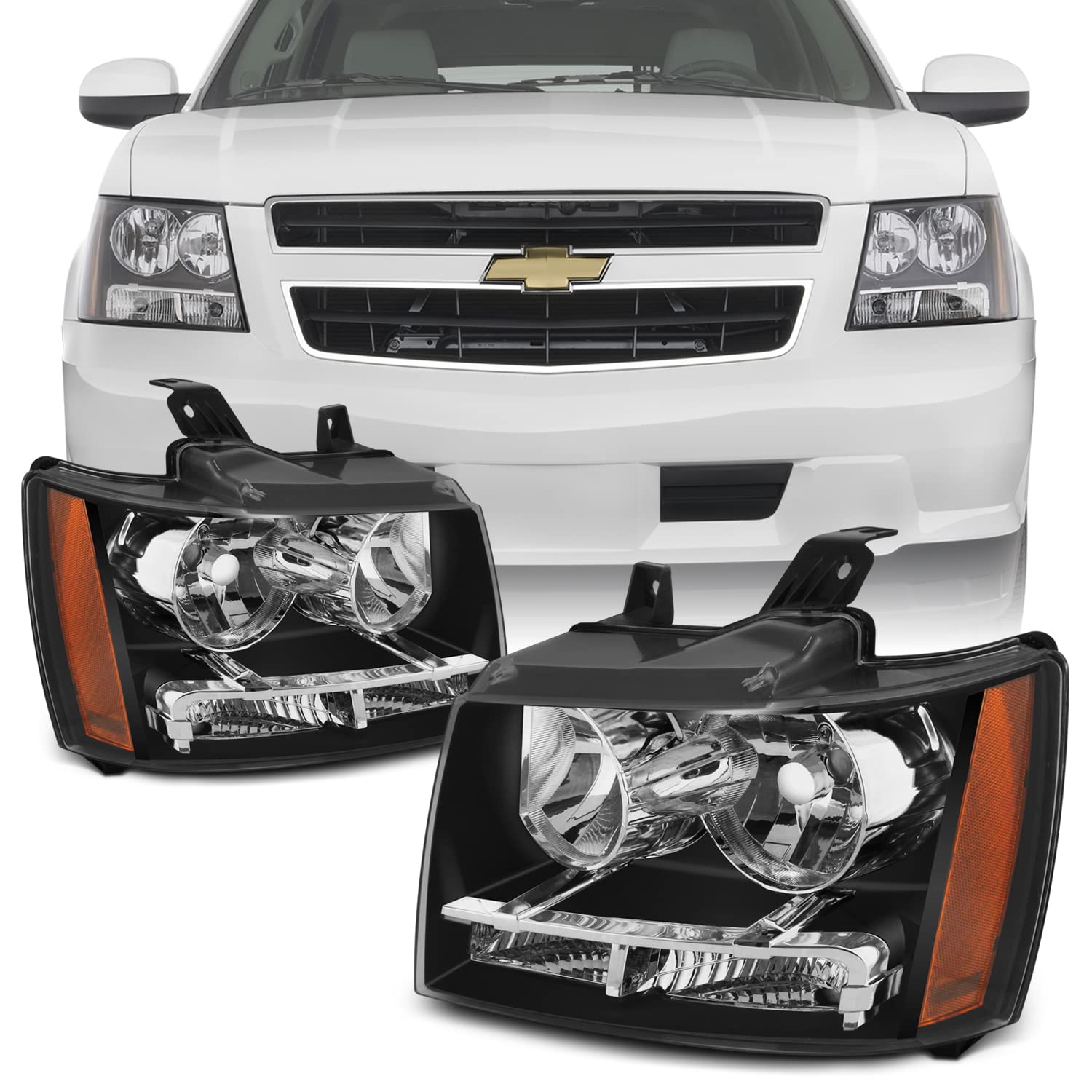 AKKON Headlights for 07-13 Suburban Tahoe Avalanche, Black Housing, Low Beam H11, High Beam 9005, Direct Replacement, Model 4350366086