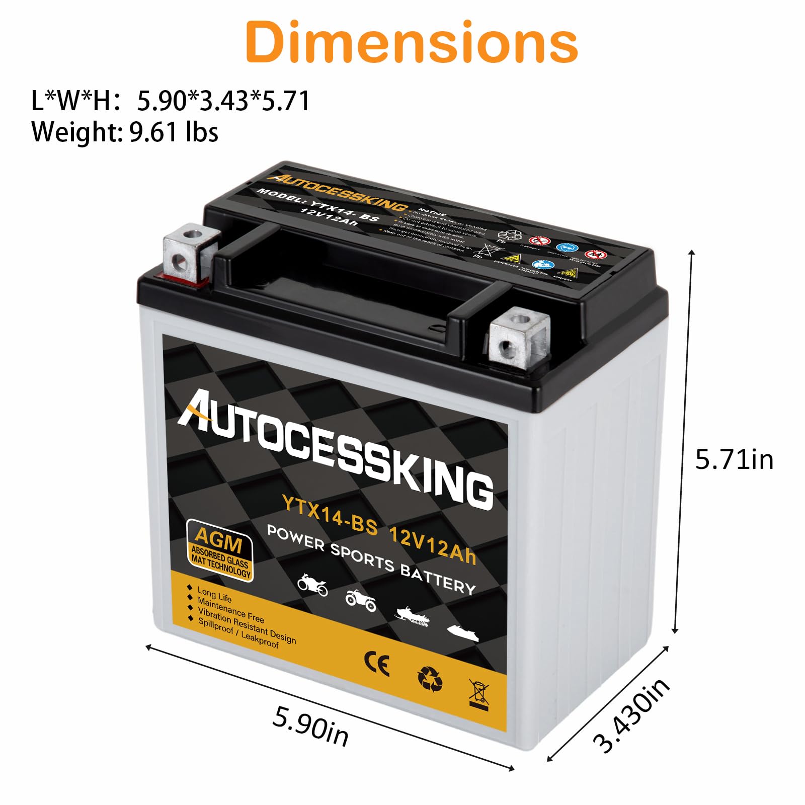 Autocessking YTX14-BS 12V 12Ah Sealed AGM Motorcycle Battery - Maintenance Free Powersport Replacement for ATV/Scooter