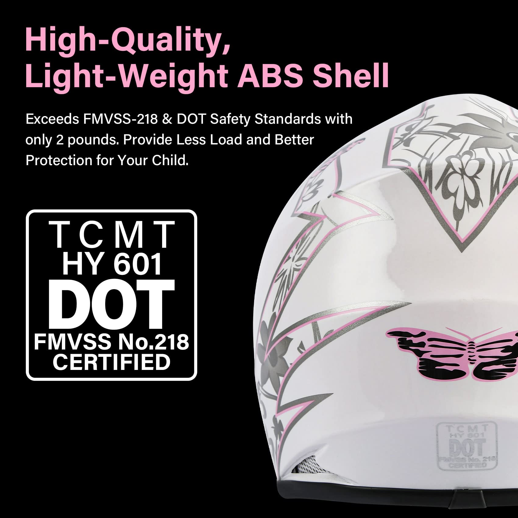 TCMT Youth Motocross Helmet - Pink Butterfly, Large Size, ABS Material, Includes Goggles & Gloves