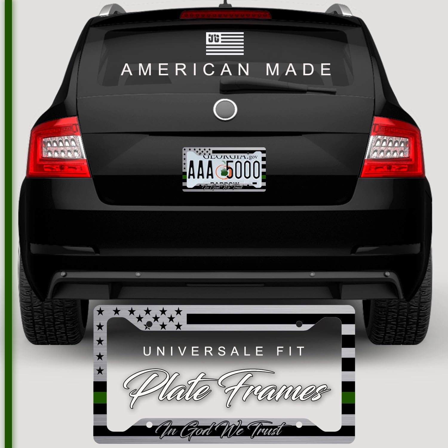 American Flag In God We Trust License Plate Frame + Green Line Coasters + Keychain - Perfect For God And Country Lovers - Tactic