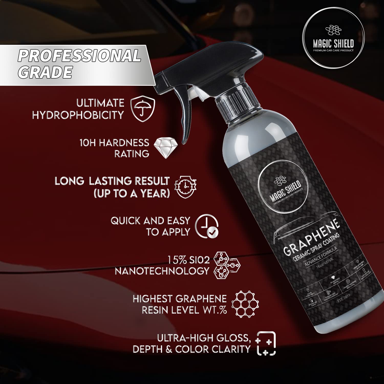 Magic Shield Graphene Ceramic Spray Coating - Professional Sealant for Cars, 9oz - Quick & Easy, Maximum Gloss & Shine