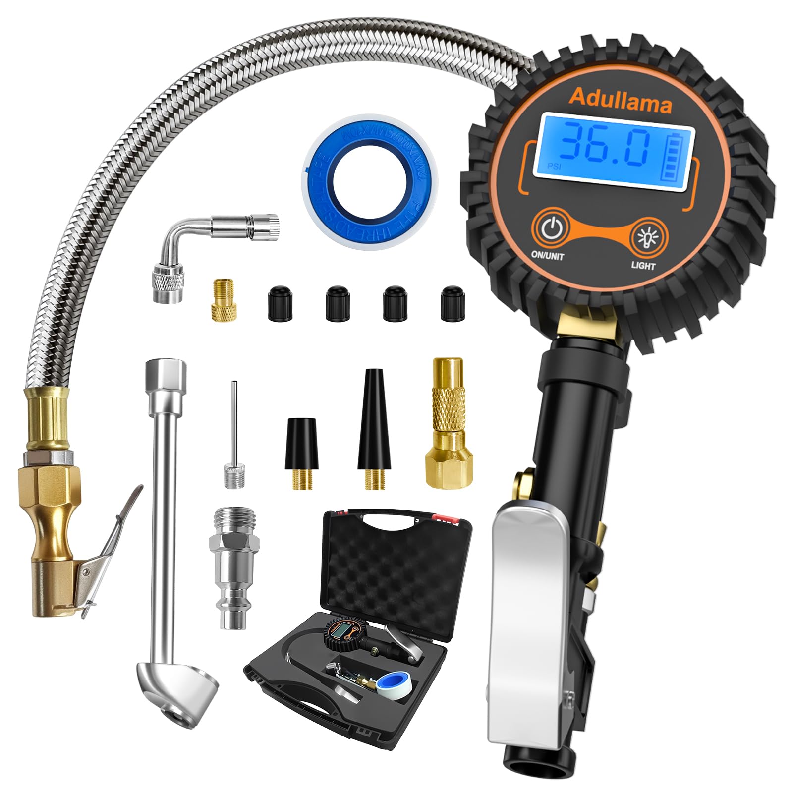 Adullama Digital Tire Pressure Gauge with Inflator, 250 PSI Heavy Duty Air Chuck Air Compressor Attachments, Improved Leaks Prot