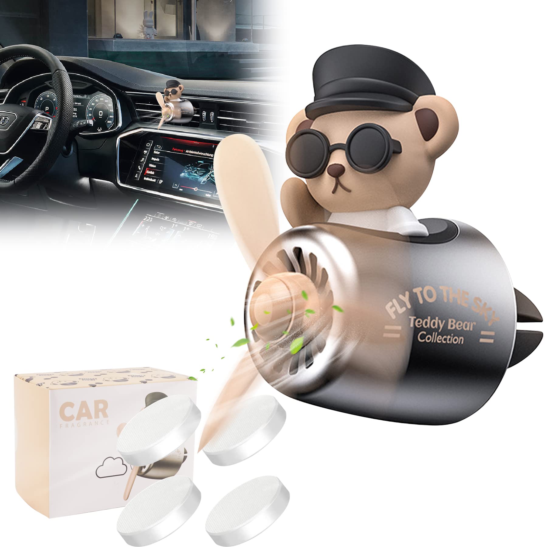 Jimtyee Car Air Freshener Cute Cartoon Teddy Bear Pilot Car Diffuser Rotating Propeller Automotive Air Outlet Fan Creative Car P