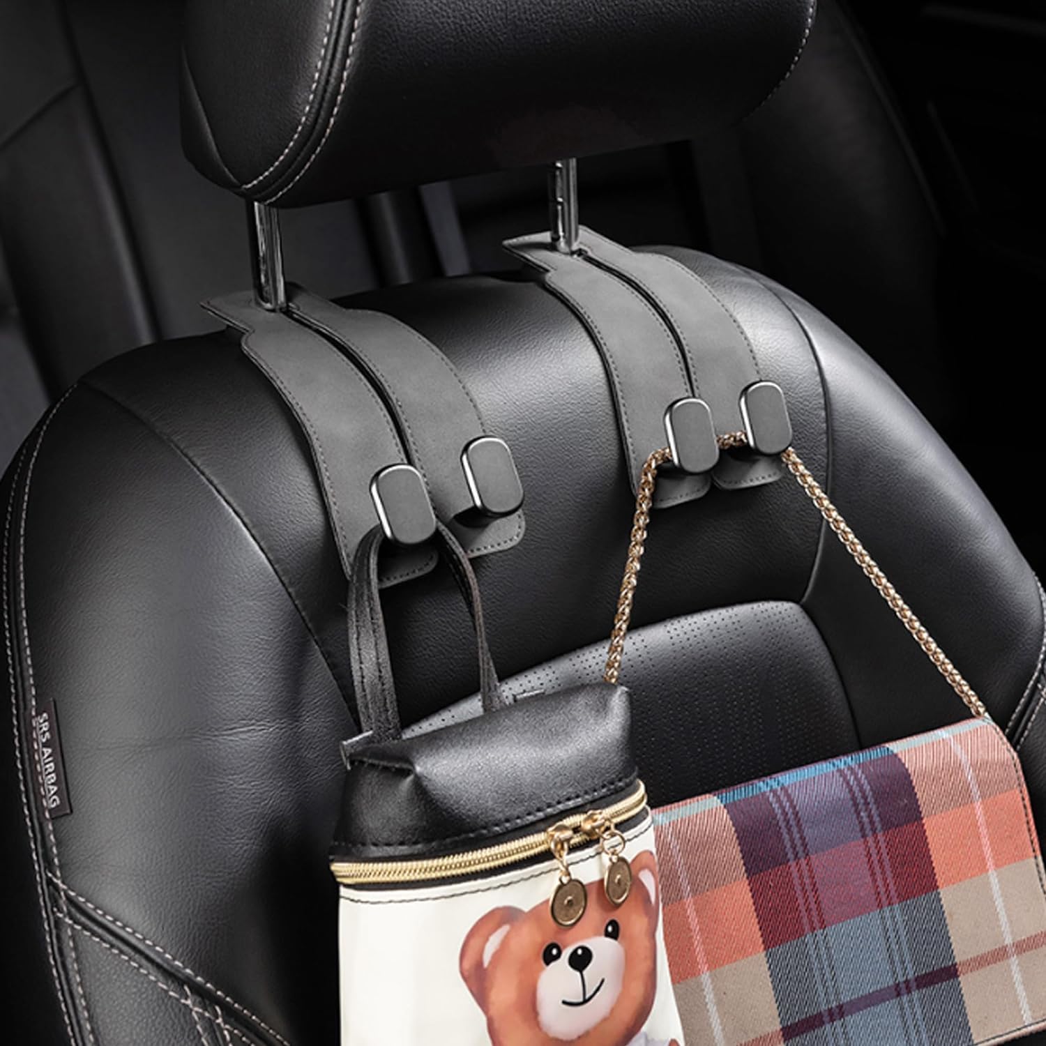 Amelity Car Back Seat Headrest Hooks, Car Hooks For Purses And Bags Cute, Purses Holder For Car, Car Seat Back Double Hooks (Gre